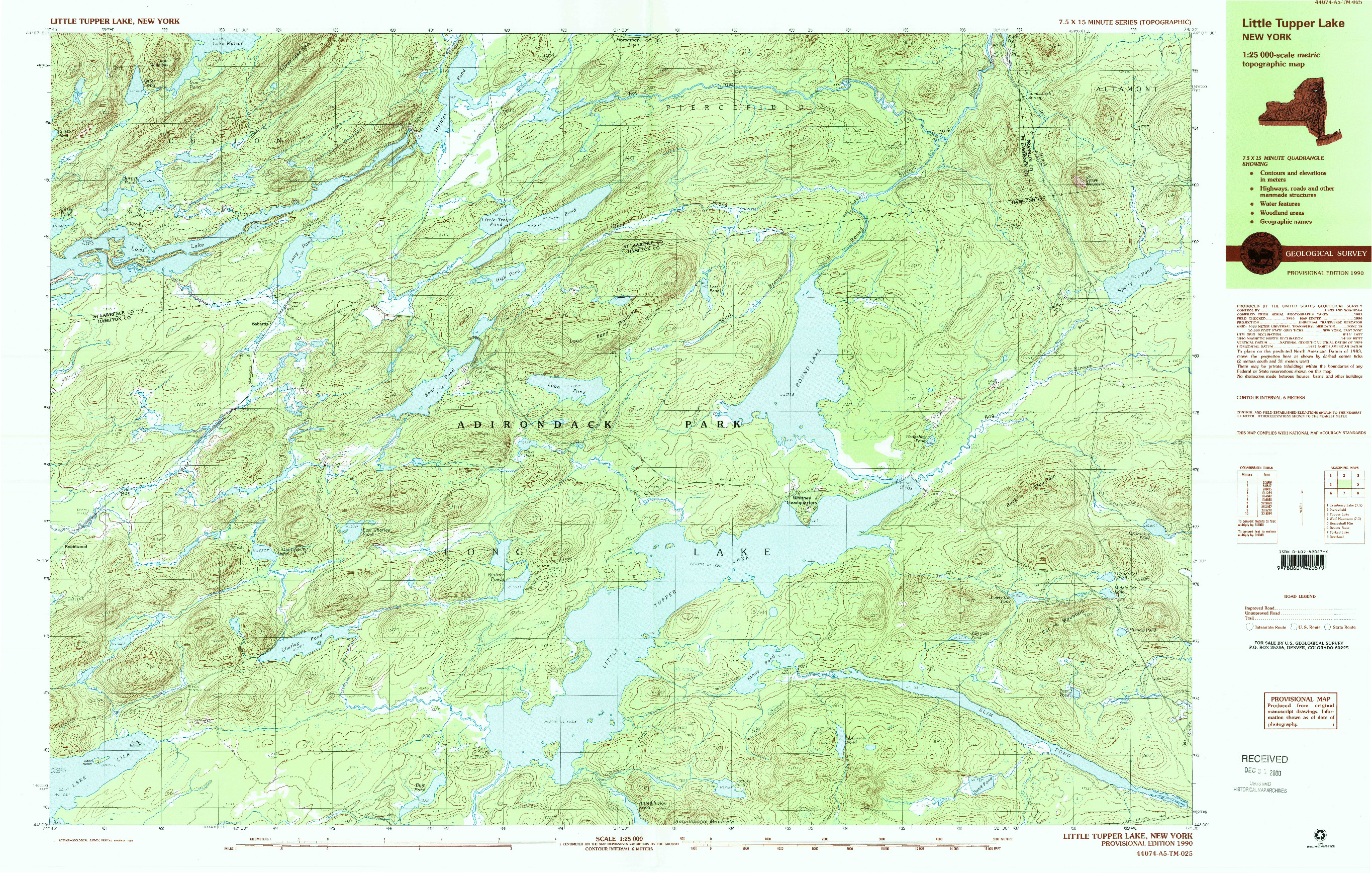 USGS 1:25000-SCALE QUADRANGLE FOR LITTLE TUPPER LAKE, NY 1990