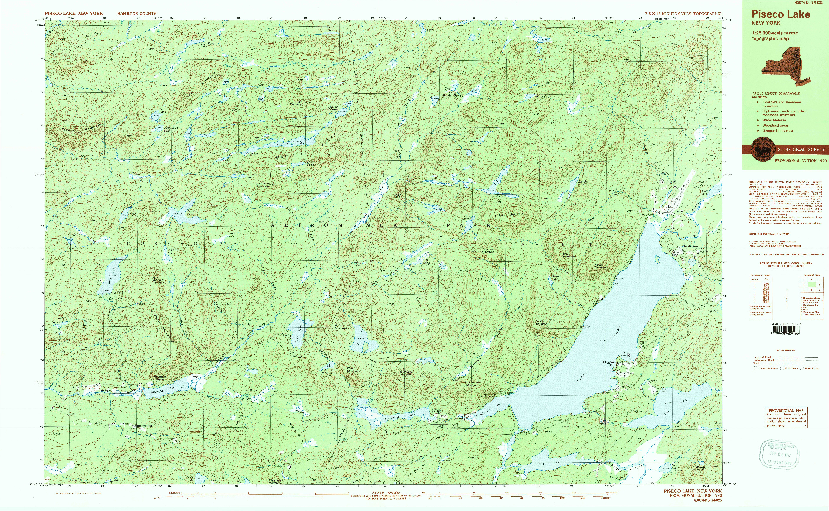 USGS 1:25000-SCALE QUADRANGLE FOR PISECO LAKE, NY 1990