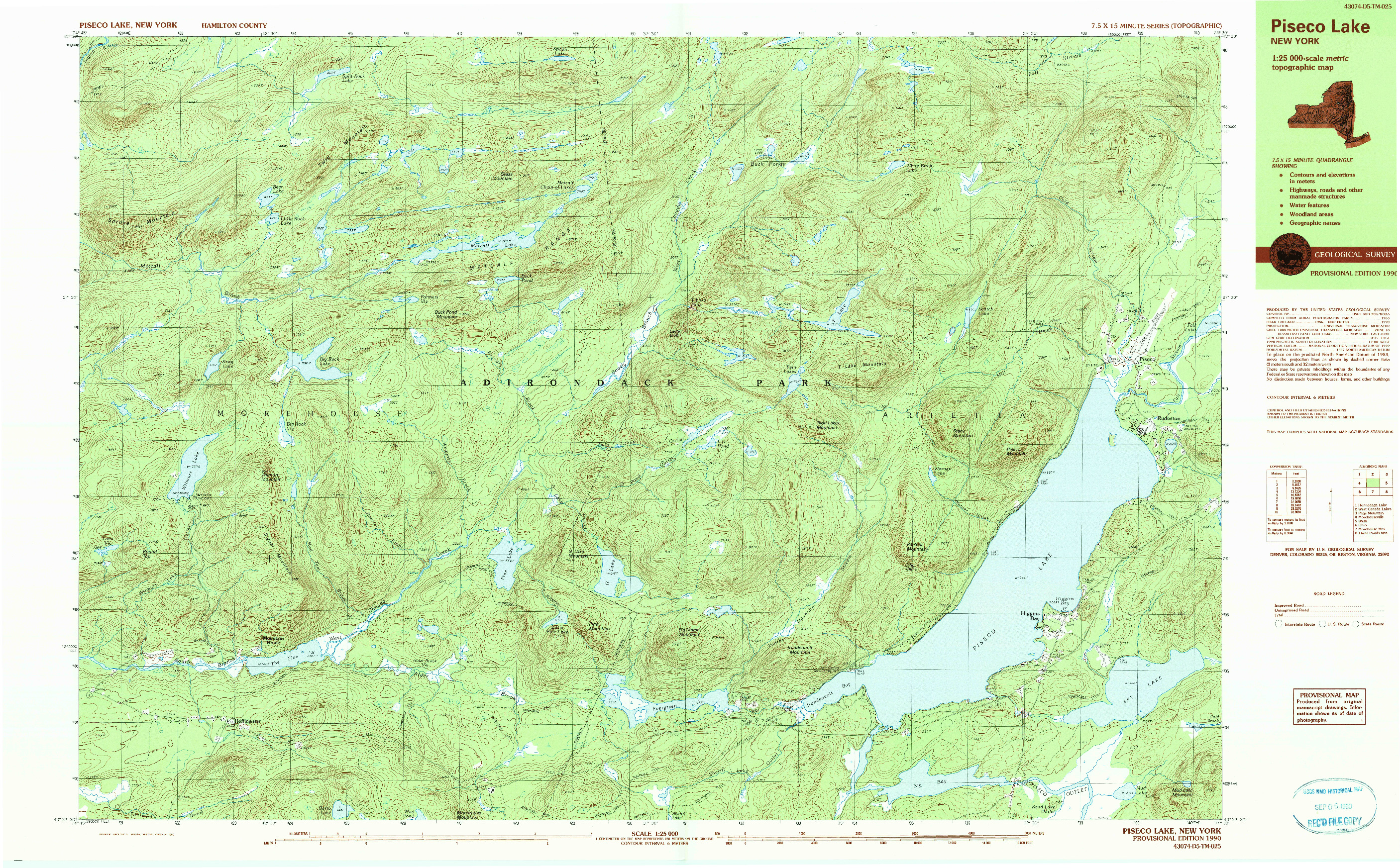 USGS 1:25000-SCALE QUADRANGLE FOR PISECO LAKE, NY 1990