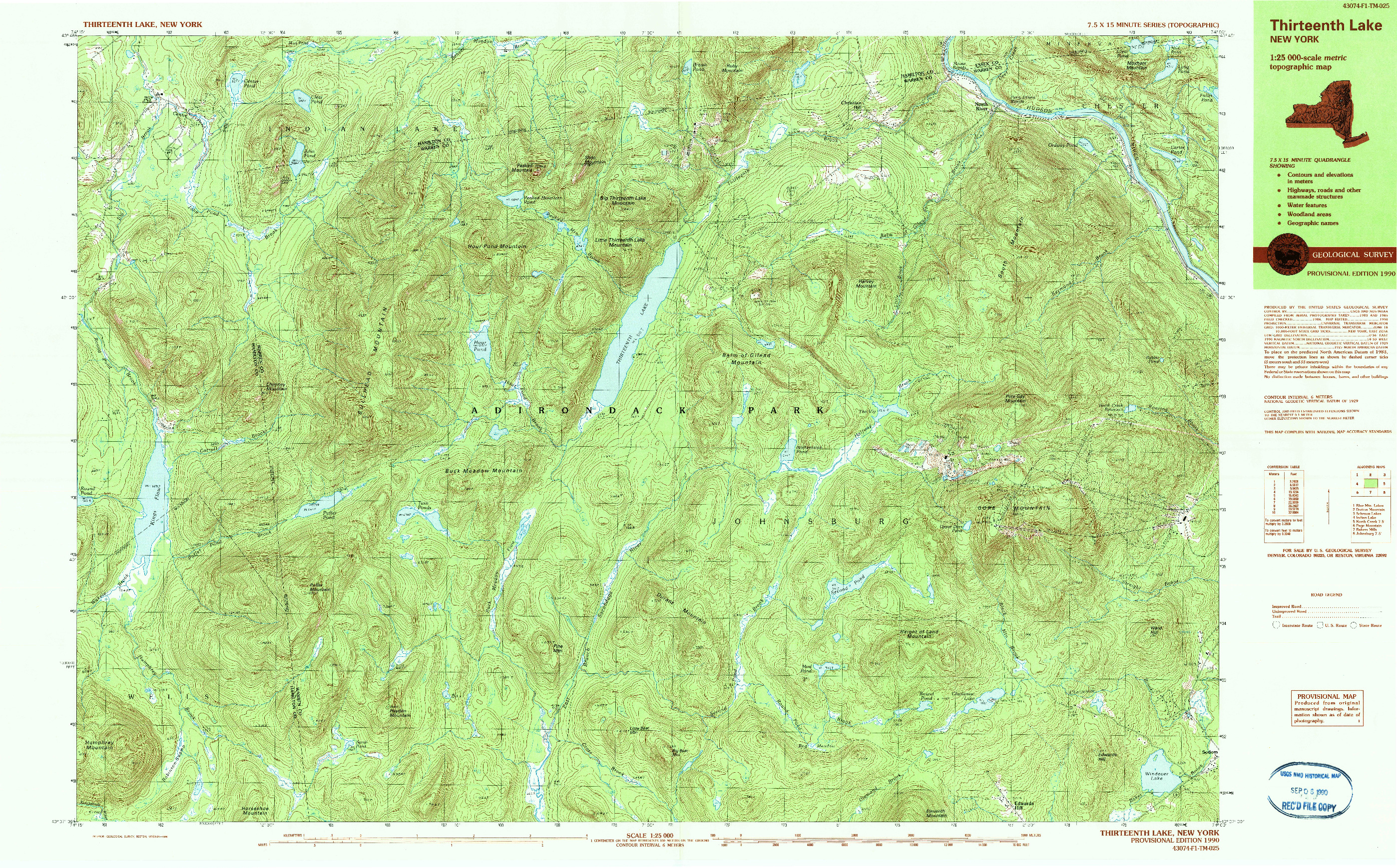 USGS 1:25000-SCALE QUADRANGLE FOR THIRTEENTH LAKE, NY 1990
