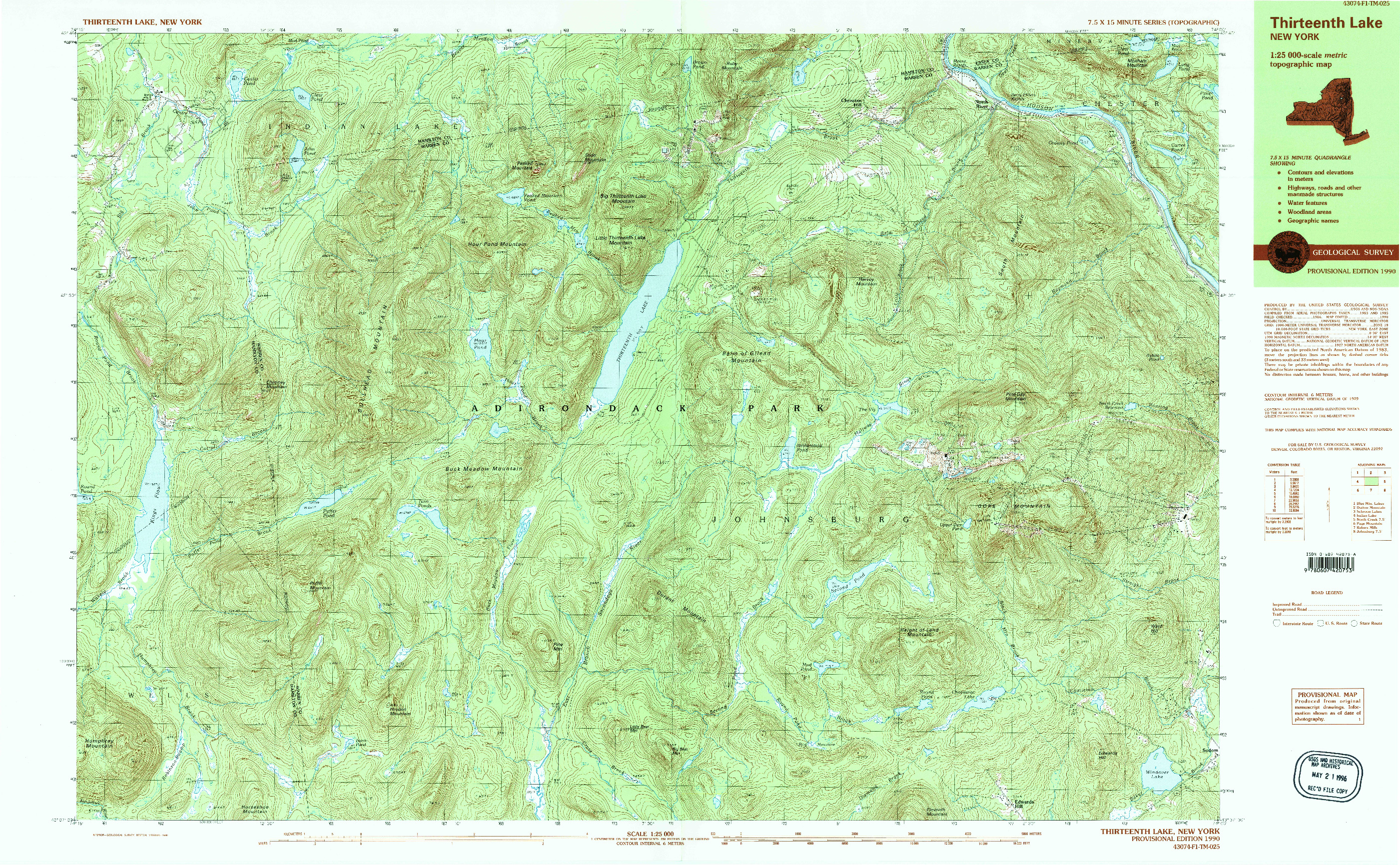 USGS 1:25000-SCALE QUADRANGLE FOR THIRTEENTH LAKE, NY 1990