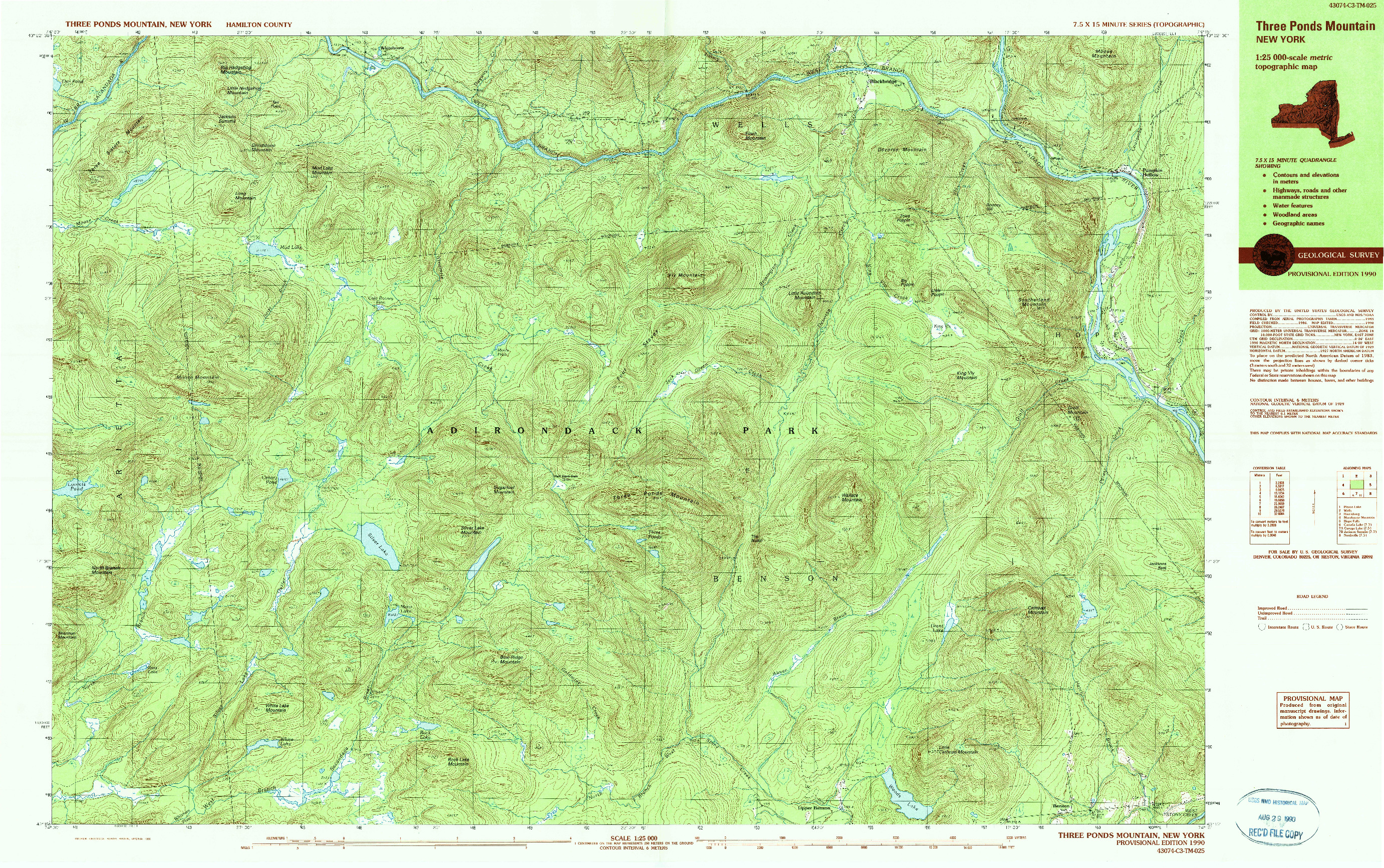 USGS 1:25000-SCALE QUADRANGLE FOR THREE PONDS MOUNTAIN, NY 1990