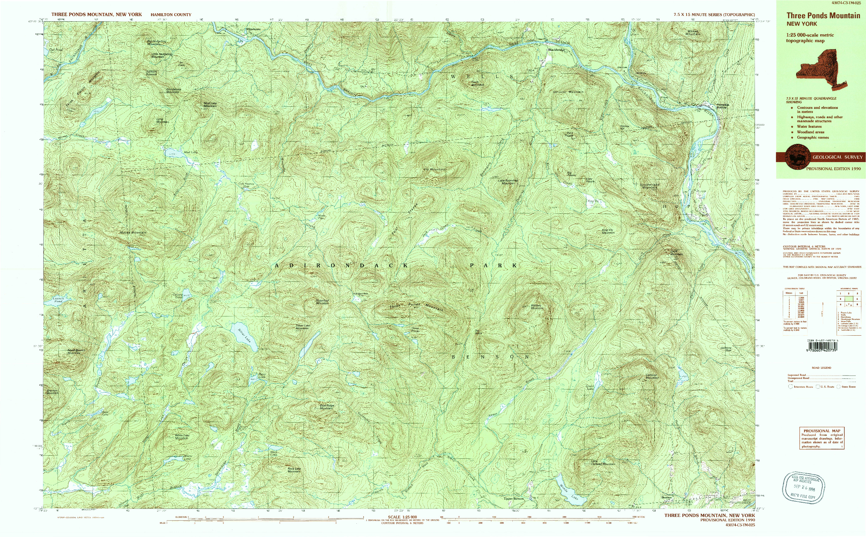 USGS 1:25000-SCALE QUADRANGLE FOR THREE PONDS MOUNTAIN, NY 1990