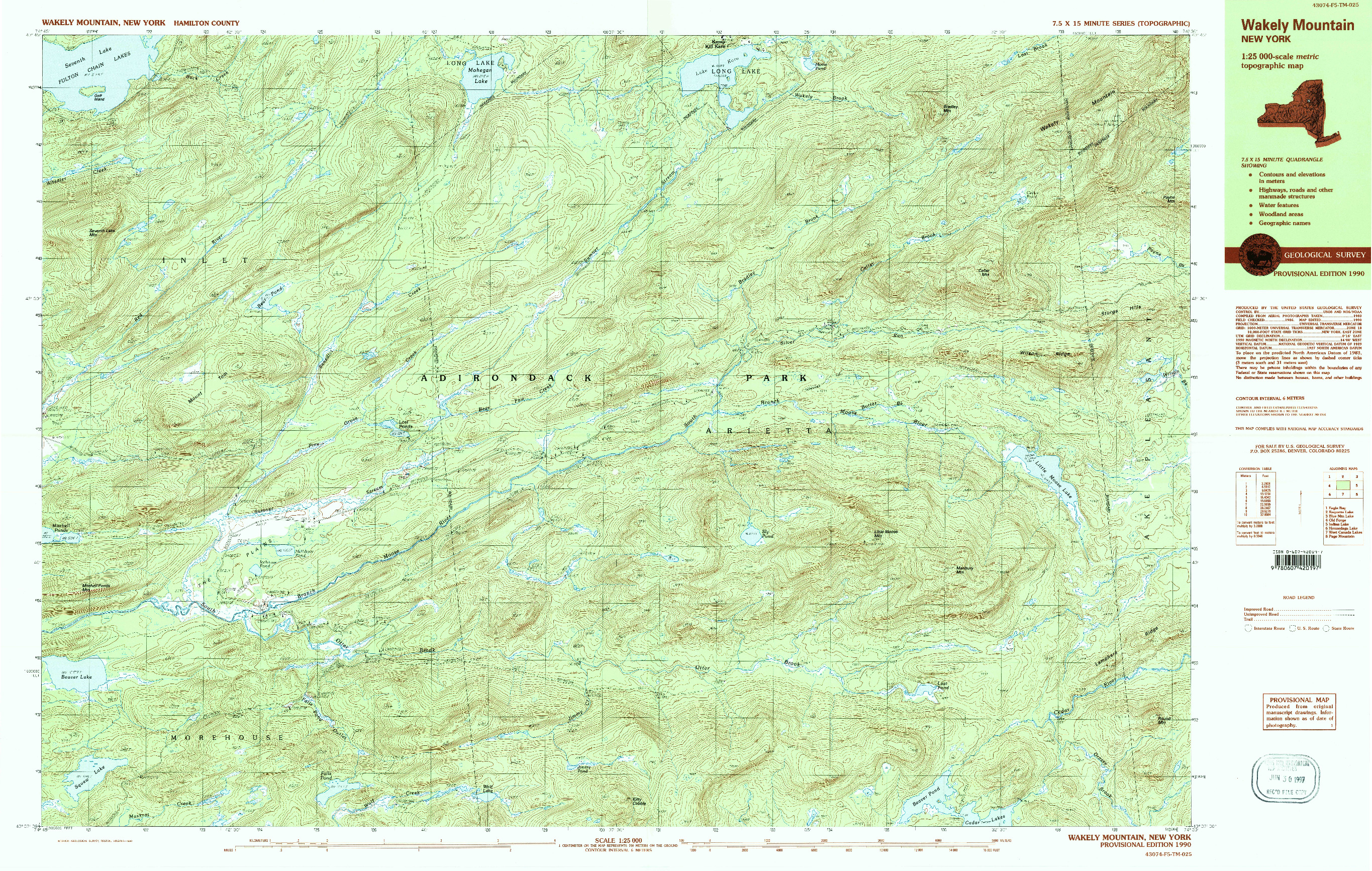 USGS 1:25000-SCALE QUADRANGLE FOR WAKELY MOUNTAIN, NY 1990