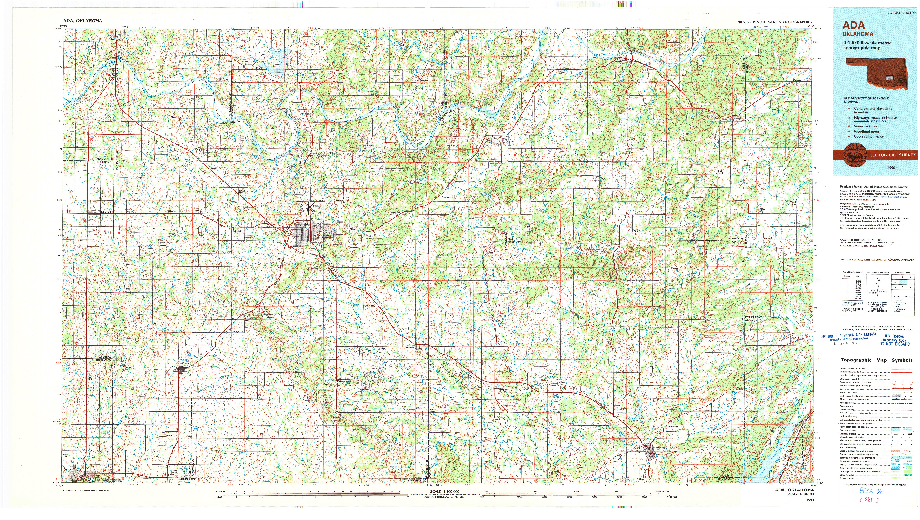 USGS 1:100000-SCALE QUADRANGLE FOR ADA, OK 1990