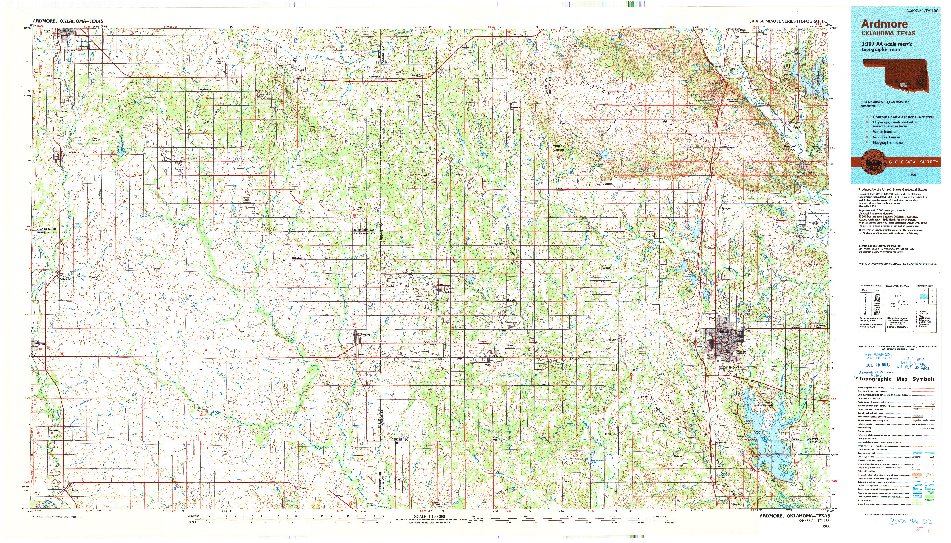 USGS 1:100000-SCALE QUADRANGLE FOR ARDMORE, OK 1986