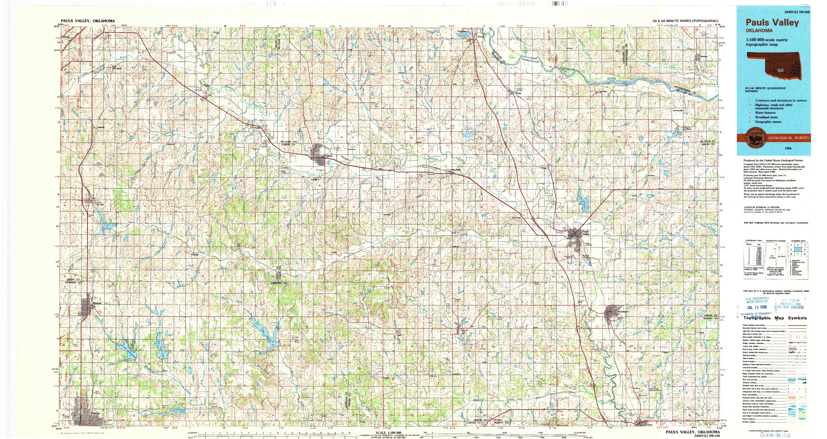 USGS 1:100000-SCALE QUADRANGLE FOR PAULS VALLEY, OK 1986