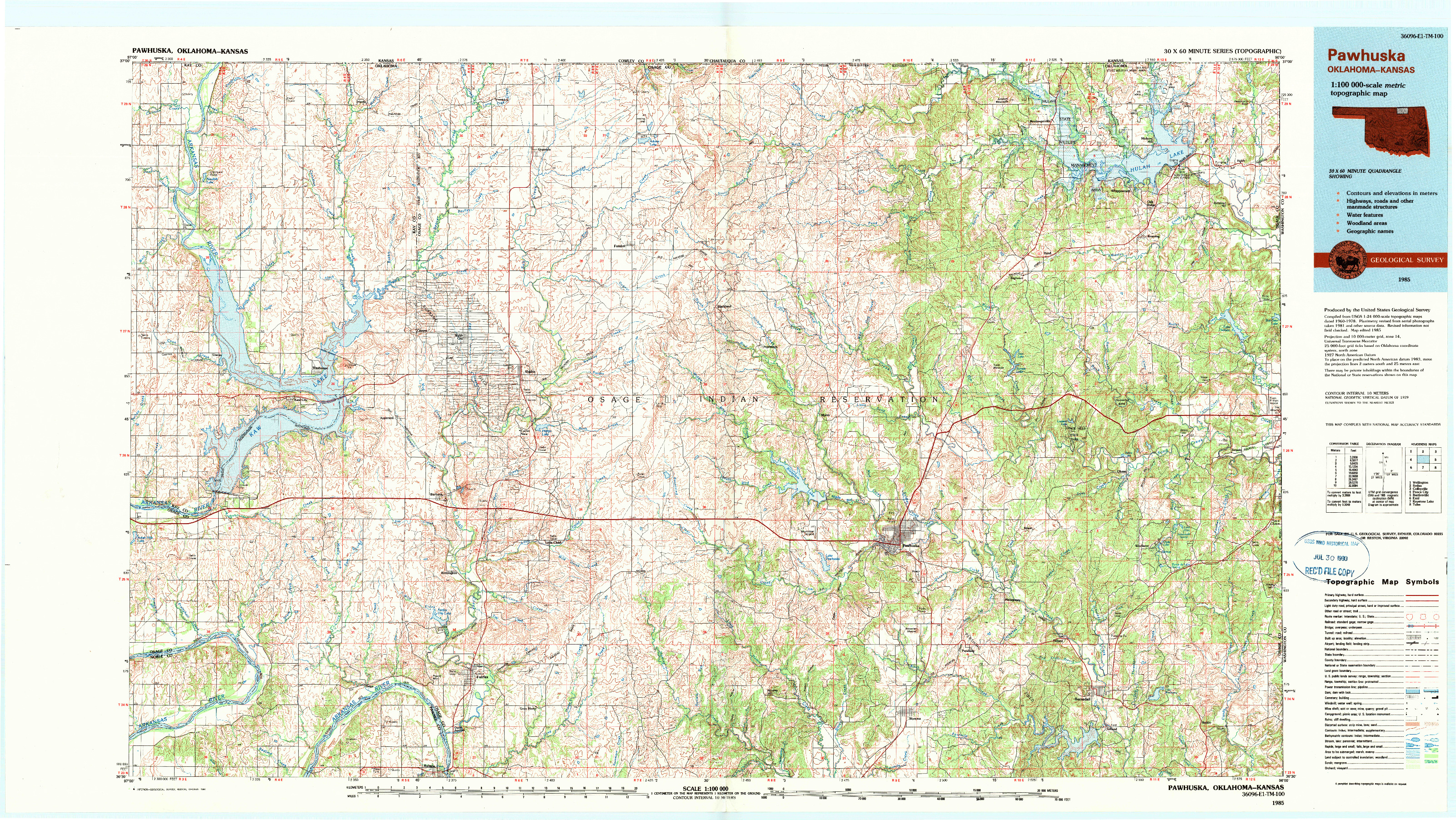 USGS 1:100000-SCALE QUADRANGLE FOR PAWHUSKA, OK 1985