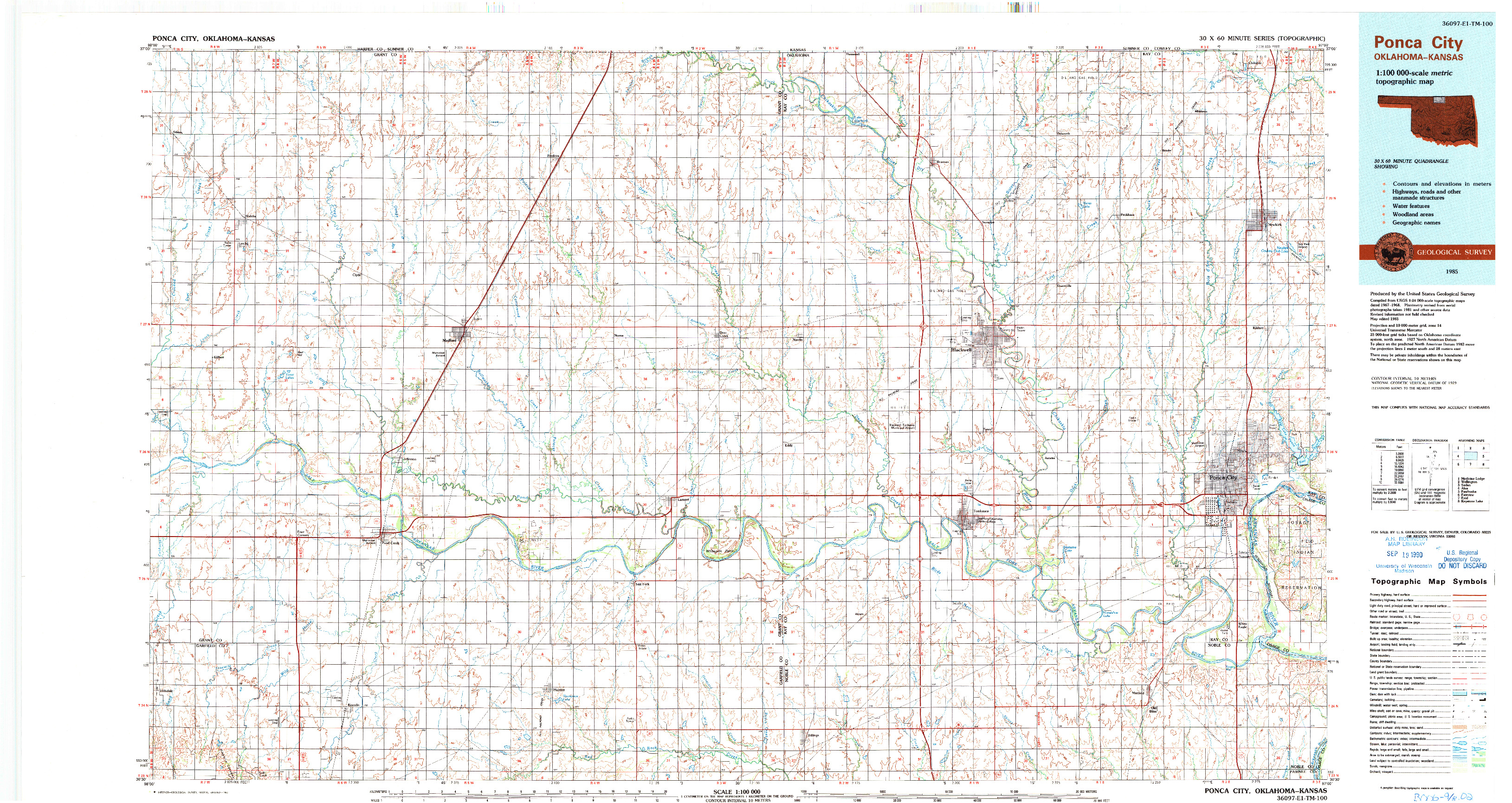 USGS 1:100000-SCALE QUADRANGLE FOR PONCA CITY, OK 1985
