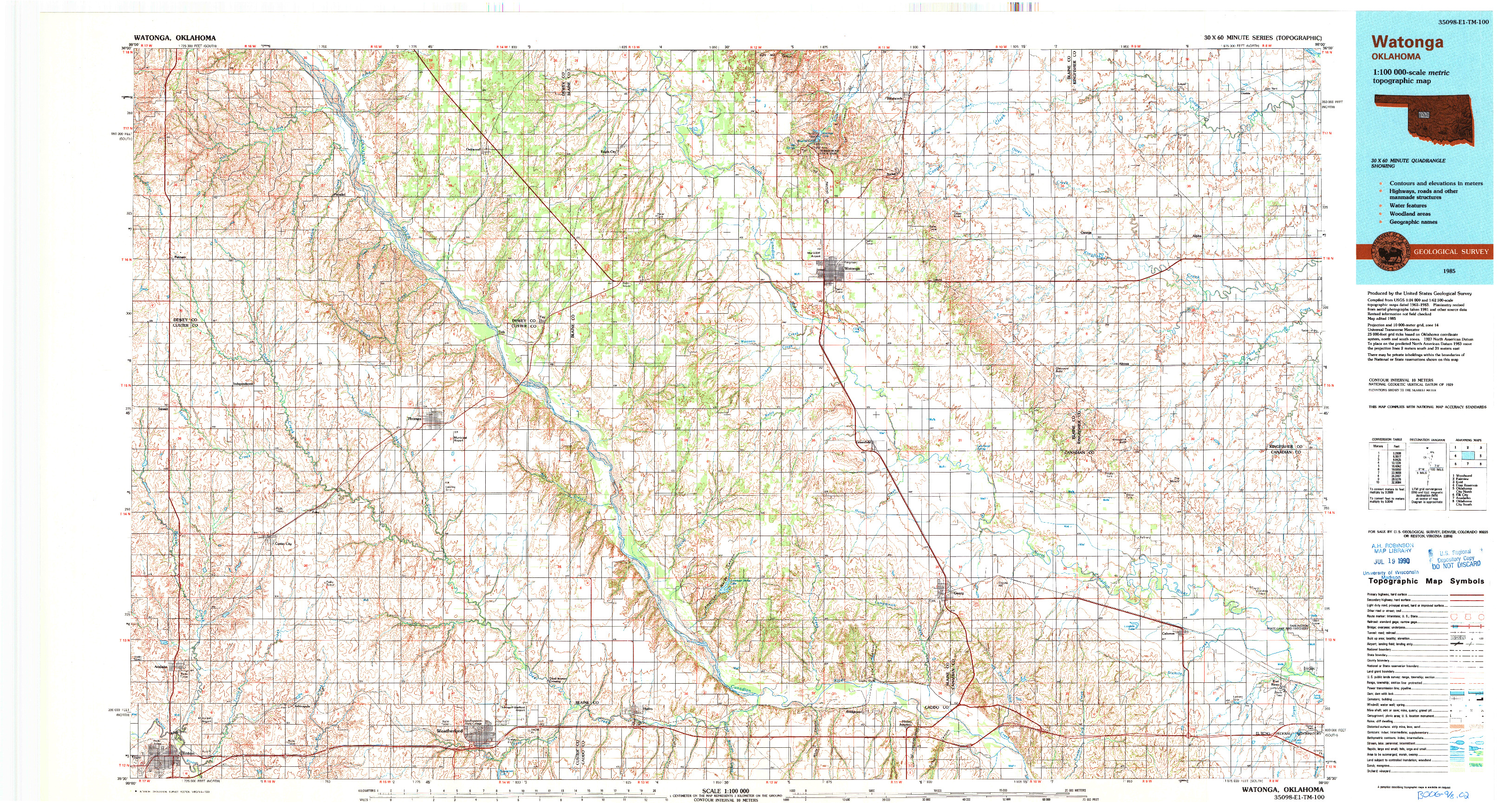 USGS 1:100000-SCALE QUADRANGLE FOR WATONGA, OK 1985