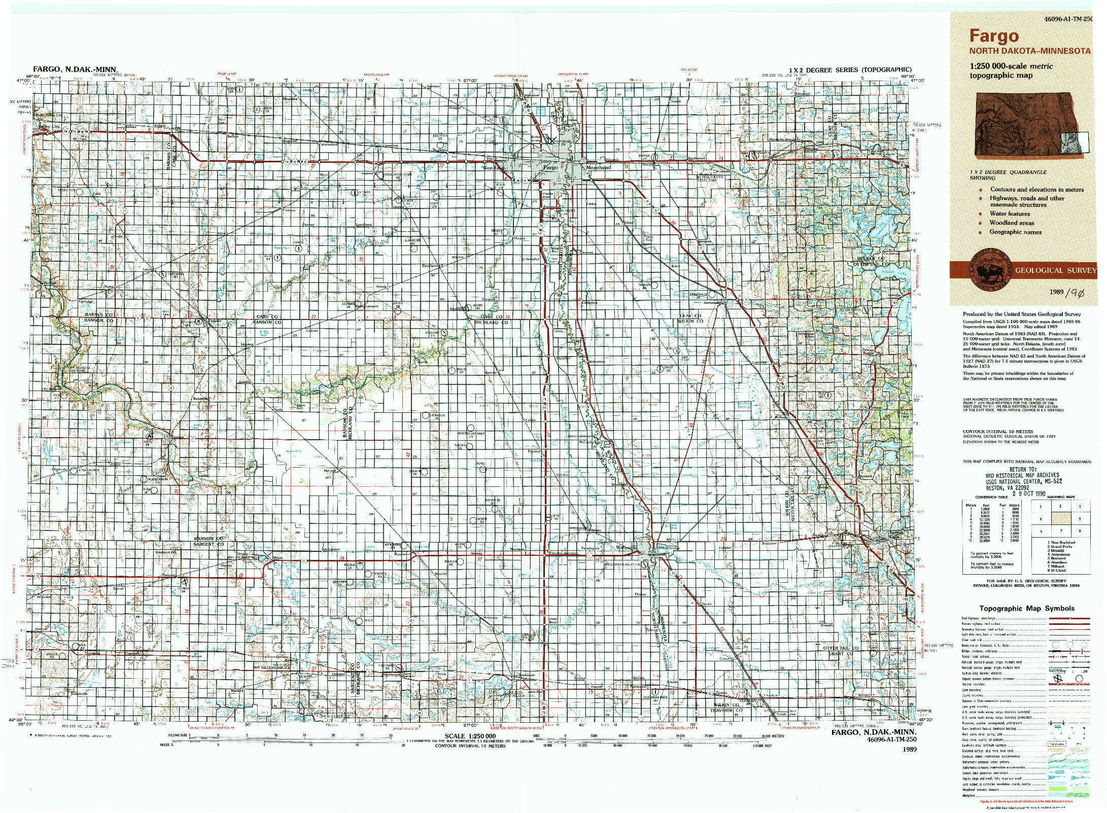 USGS 1:250000-SCALE QUADRANGLE FOR FARGO, ND 1989