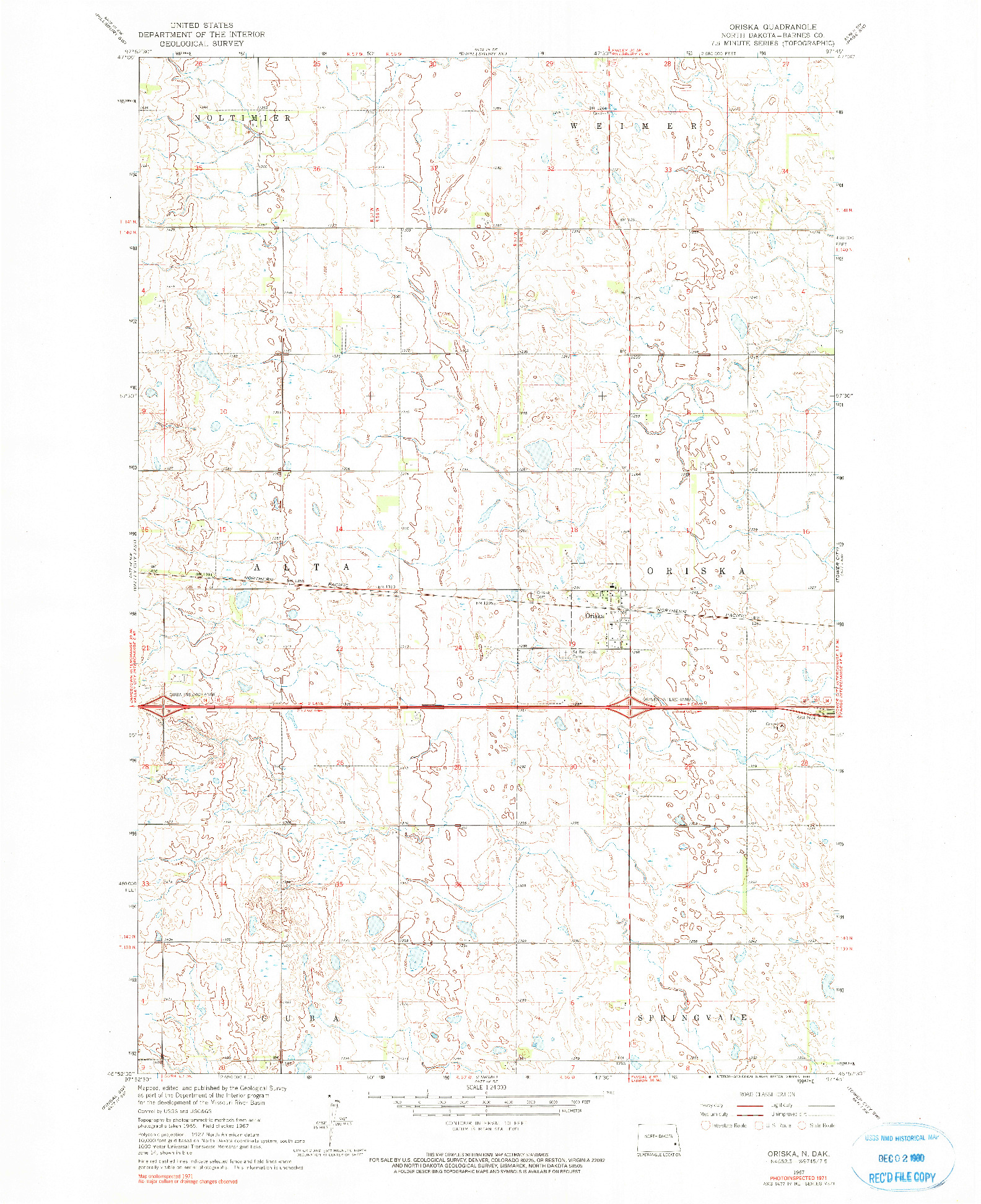 USGS 1:24000-SCALE QUADRANGLE FOR ORISKA, ND 1967