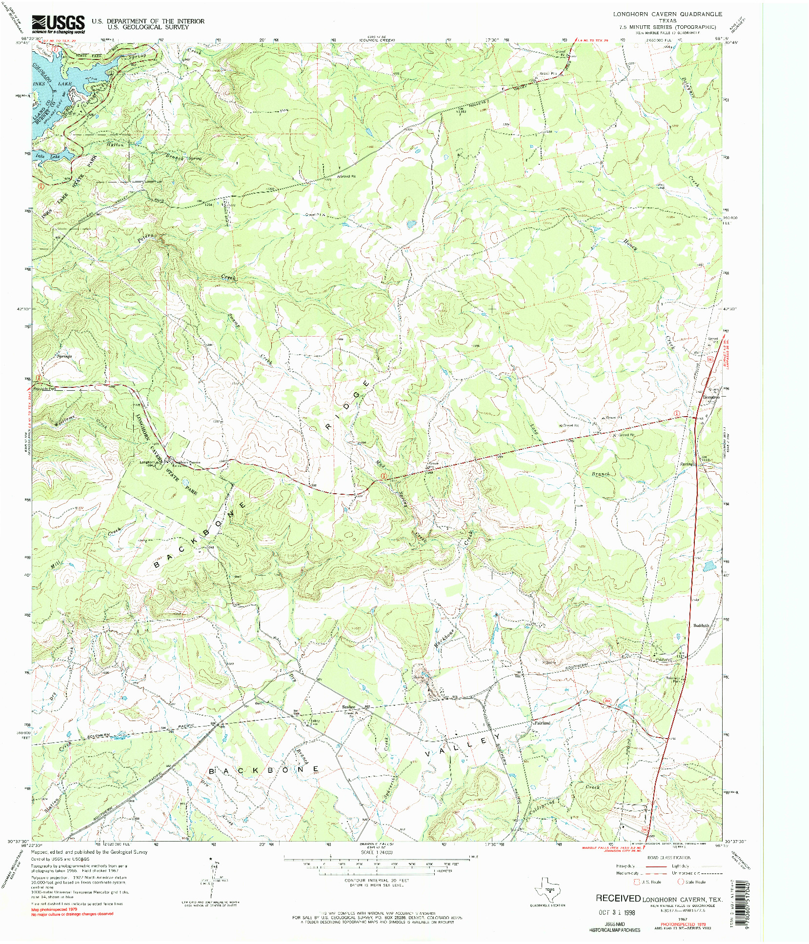 USGS 1:24000-SCALE QUADRANGLE FOR LONGHORN CAVERN, TX 1967