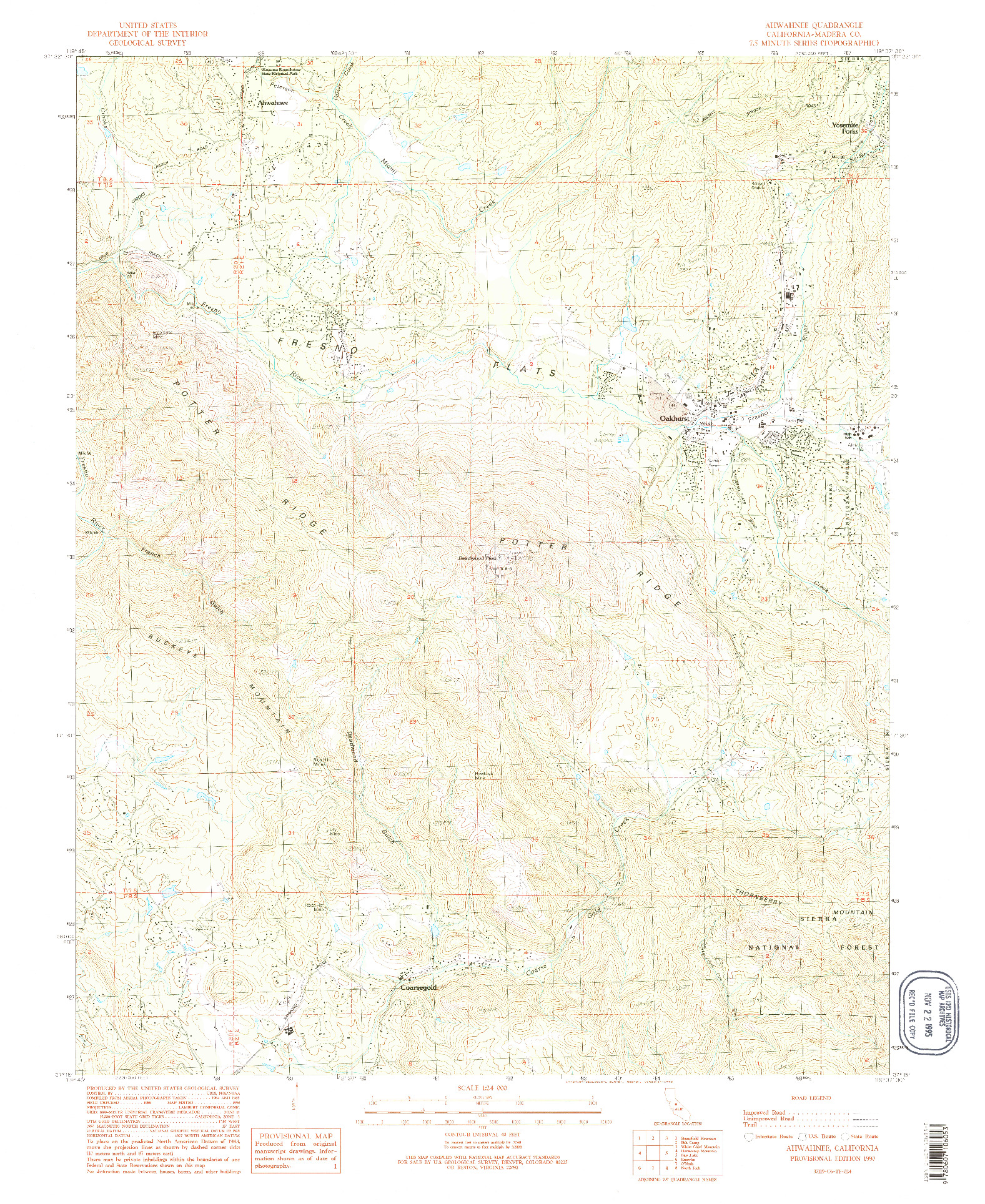 USGS 1:24000-SCALE QUADRANGLE FOR AHWAHNEE, CA 1990