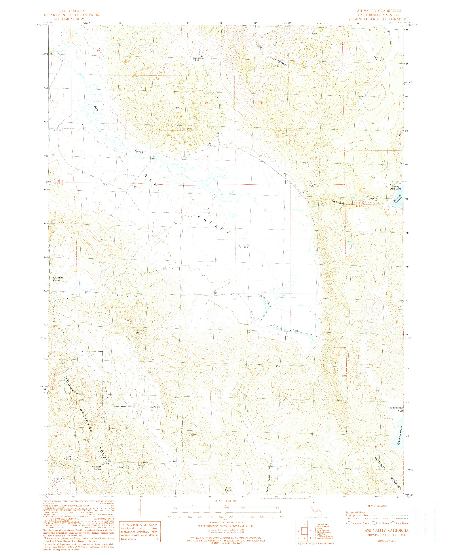 USGS 1:24000-SCALE QUADRANGLE FOR ASH VALLEY, CA 1990