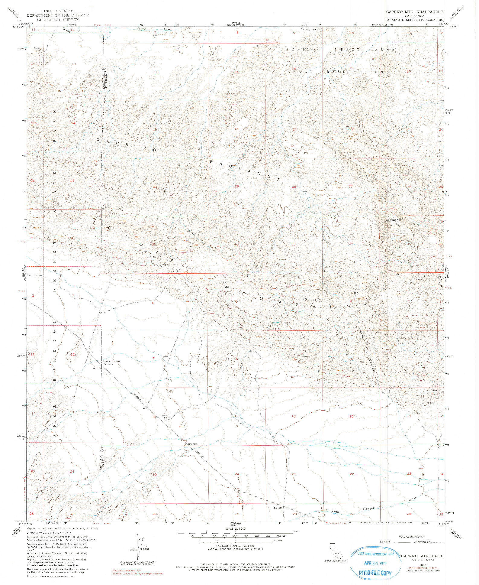 USGS 1:24000-SCALE QUADRANGLE FOR CARRIZO MTN, CA 1957