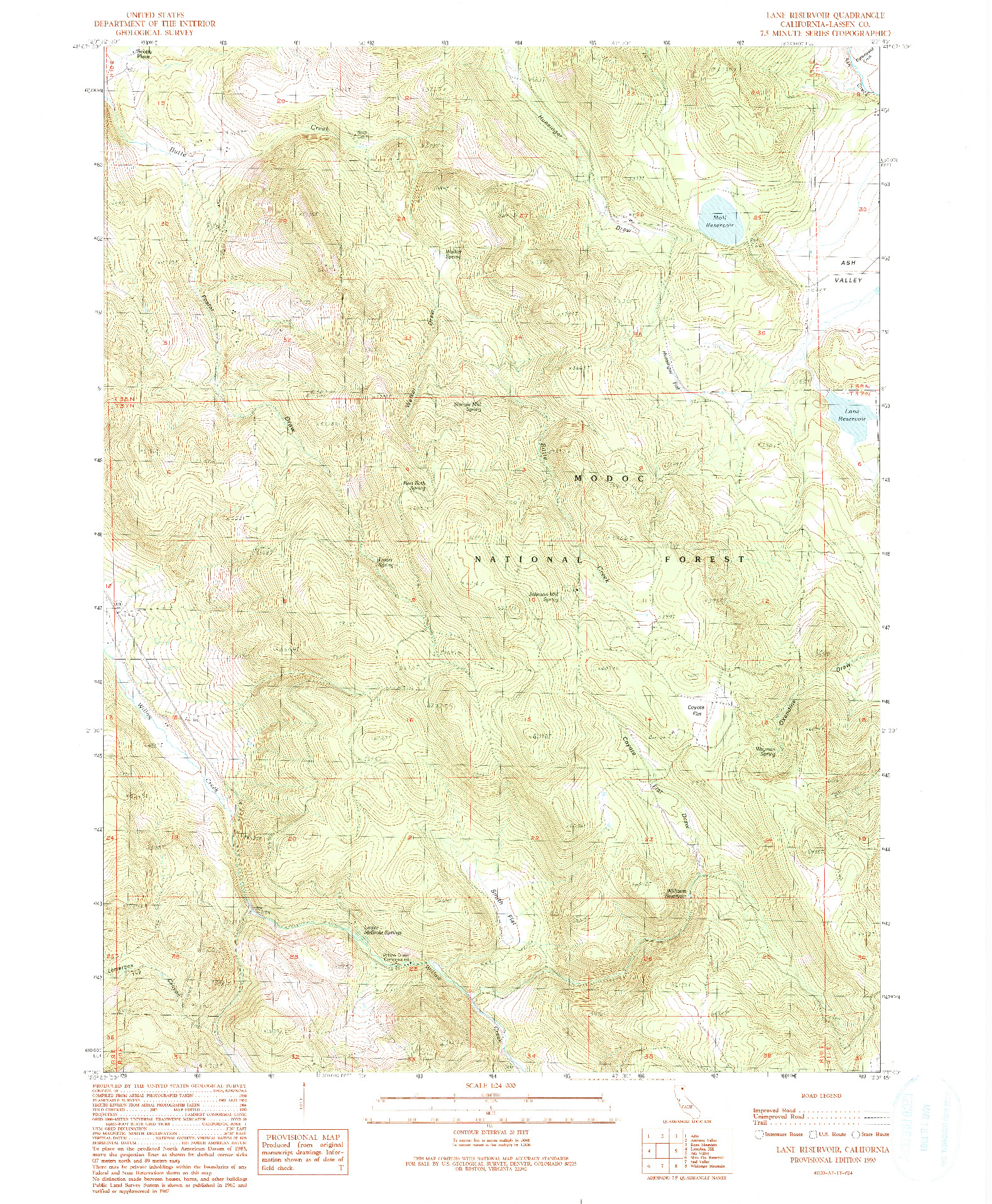 USGS 1:24000-SCALE QUADRANGLE FOR LANE RESERVOIR, CA 1990