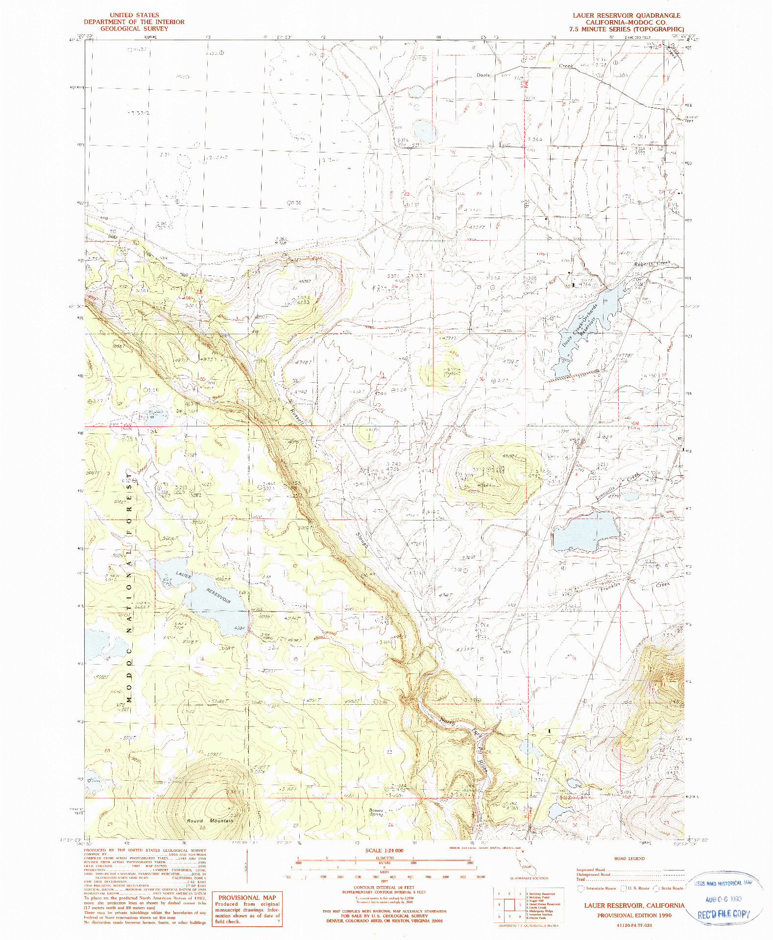 USGS 1:24000-SCALE QUADRANGLE FOR LAUER RESERVOIR, CA 1990