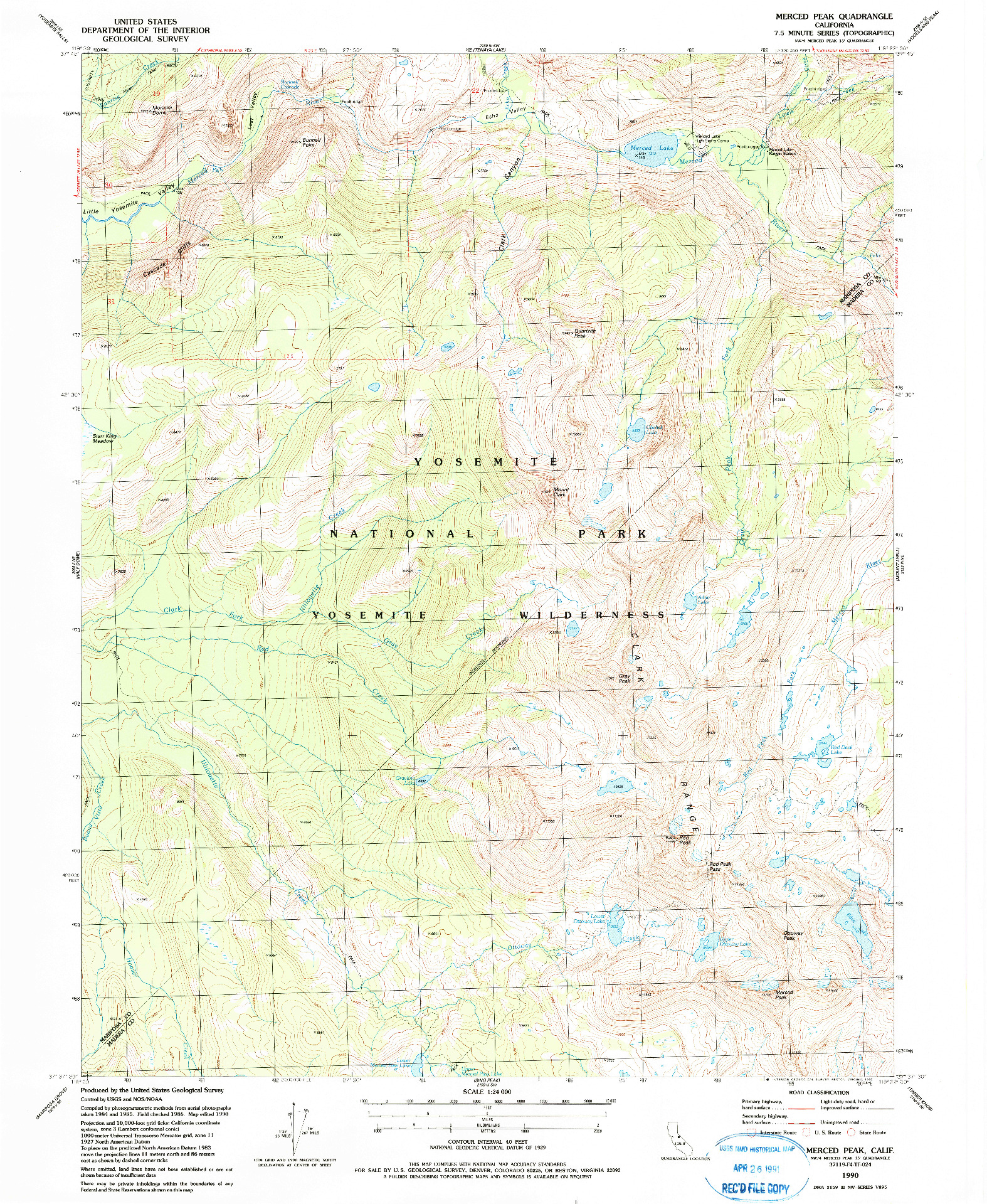 USGS 1:24000-SCALE QUADRANGLE FOR MERCED PEAK, CA 1990