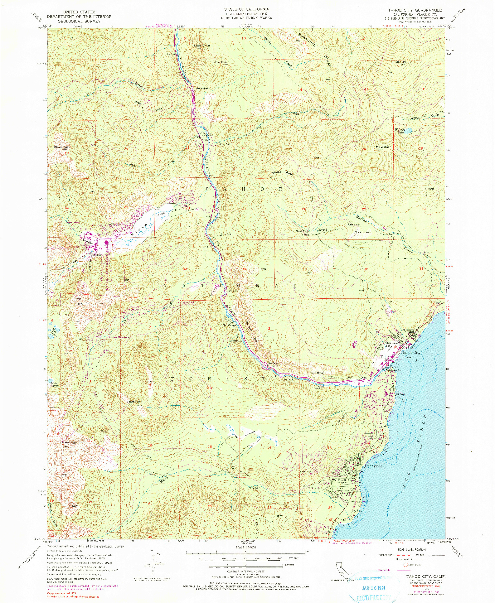 USGS 1:24000-SCALE QUADRANGLE FOR TAHOE CITY, CA 1955