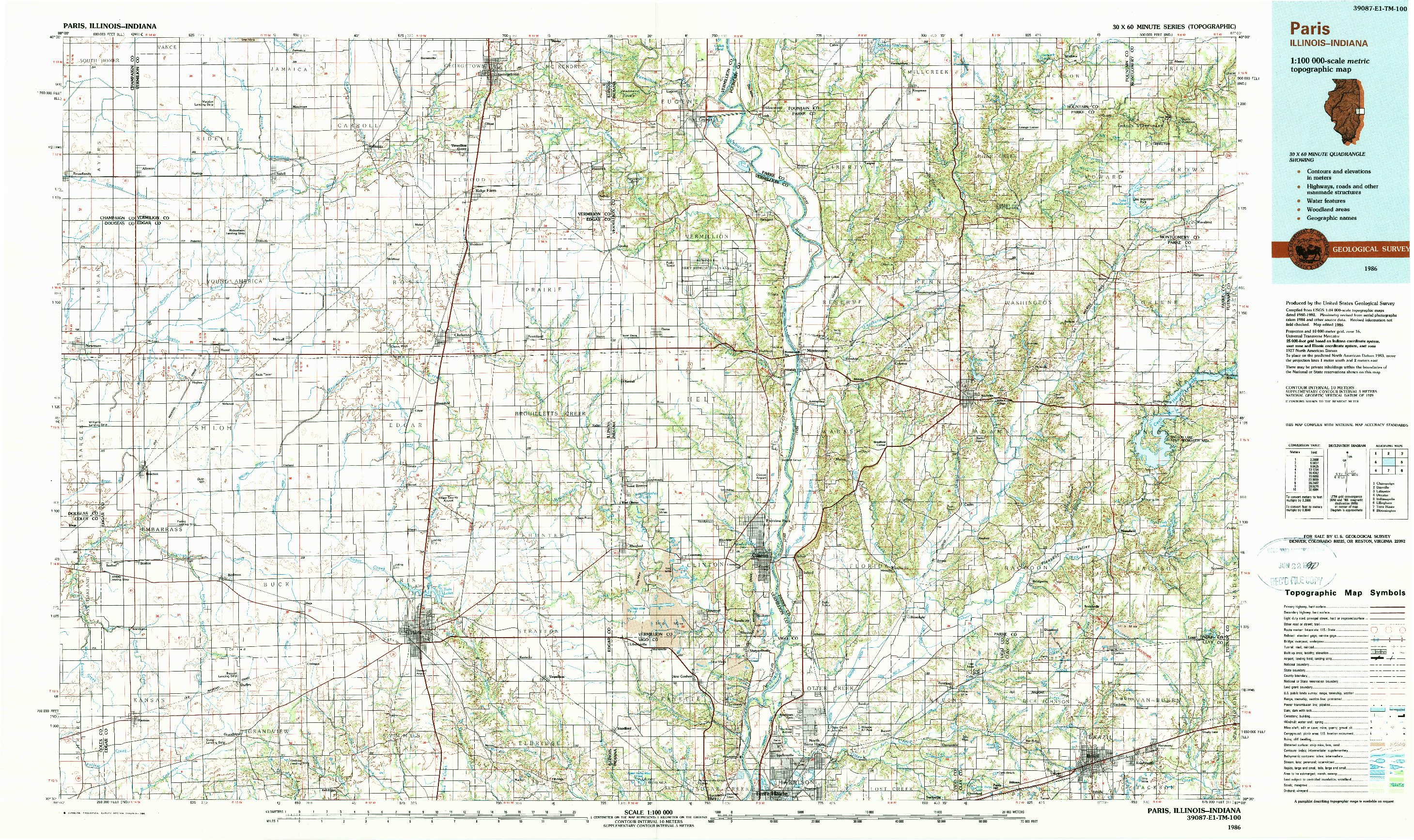 USGS 1:100000-SCALE QUADRANGLE FOR PARIS, IL 1986
