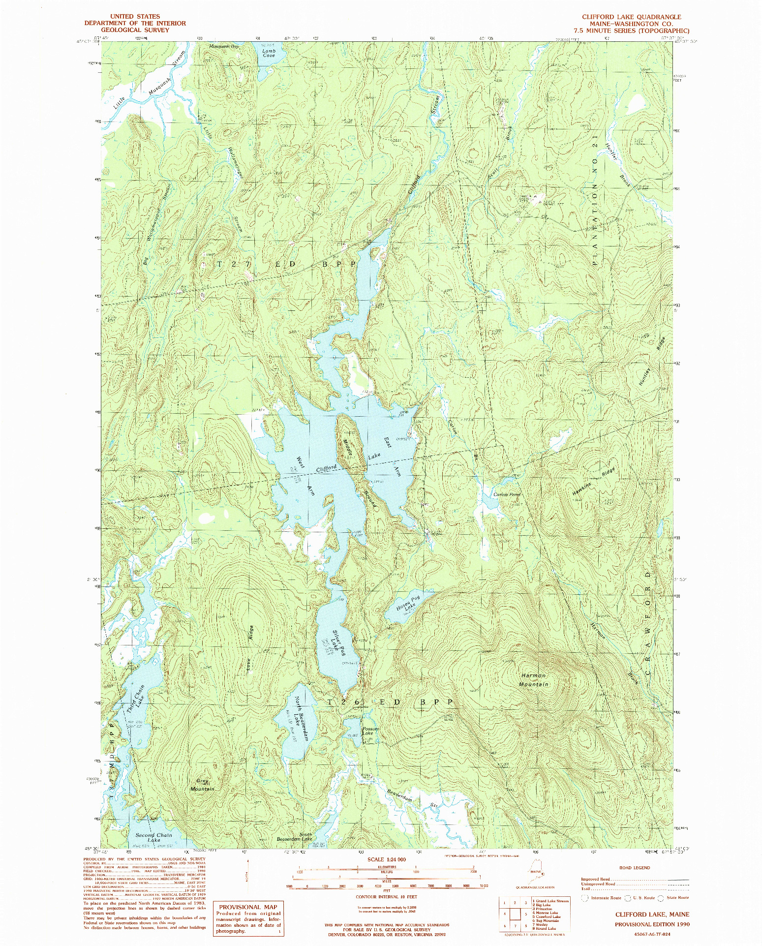 USGS 1:24000-SCALE QUADRANGLE FOR CLIFORD LAKE, ME 1990