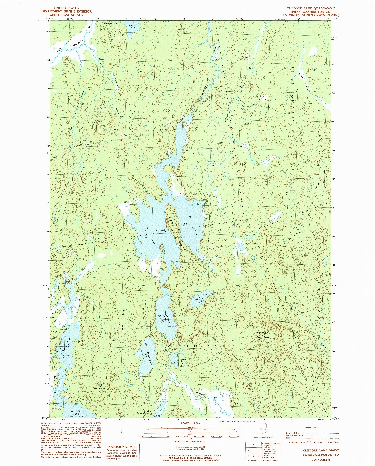 USGS 1:24000-SCALE QUADRANGLE FOR CLIFORD LAKE, ME 1990