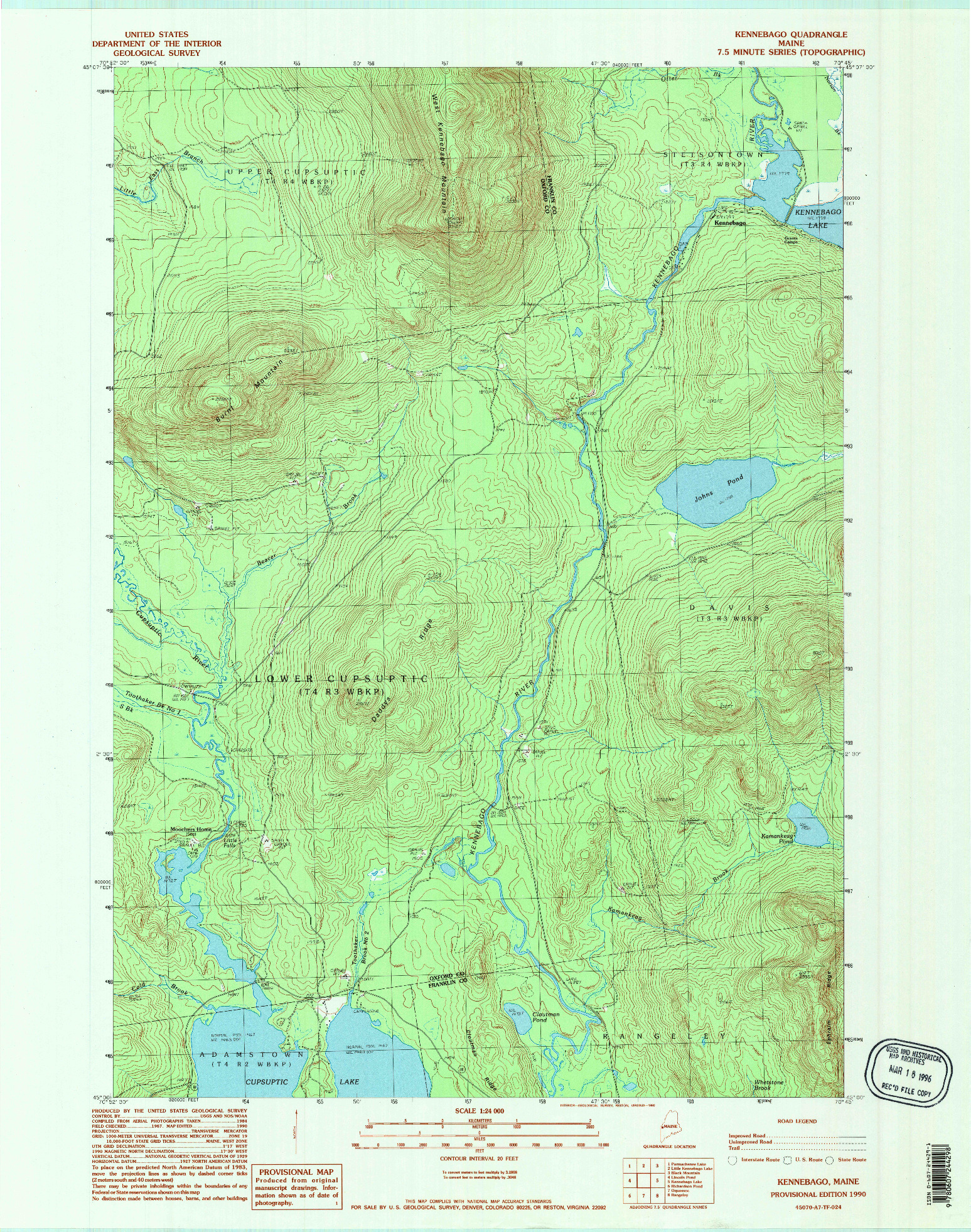 USGS 1:24000-SCALE QUADRANGLE FOR KENNEBAGO, ME 1990