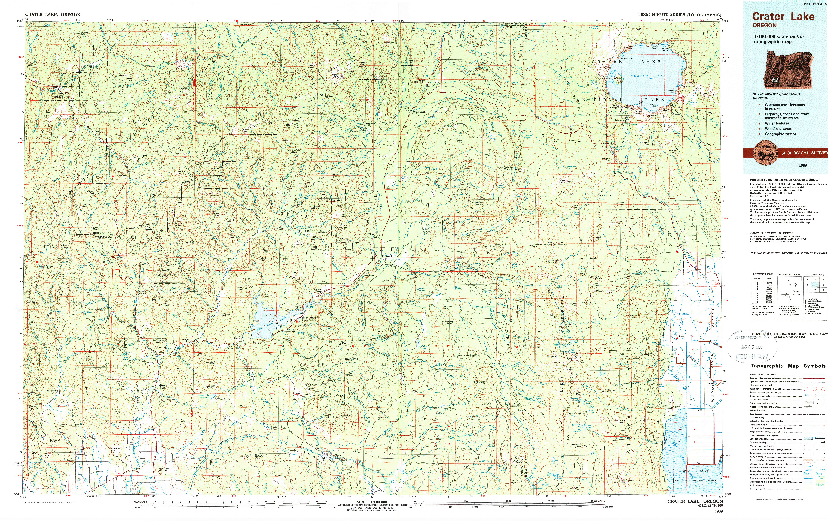 USGS 1:100000-SCALE QUADRANGLE FOR CRATER LAKE, OR 1989