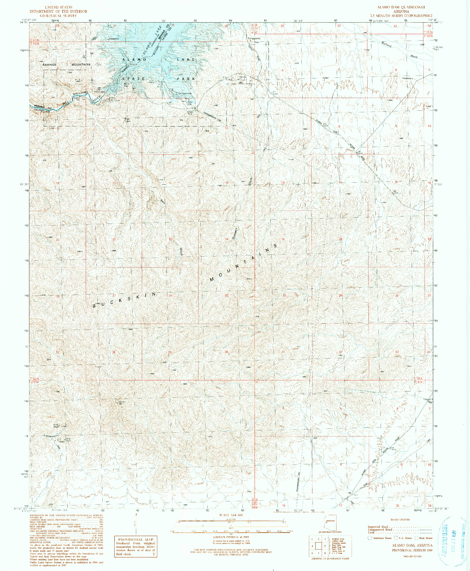 USGS 1:24000-SCALE QUADRANGLE FOR ALAMO DAM, AZ 1990