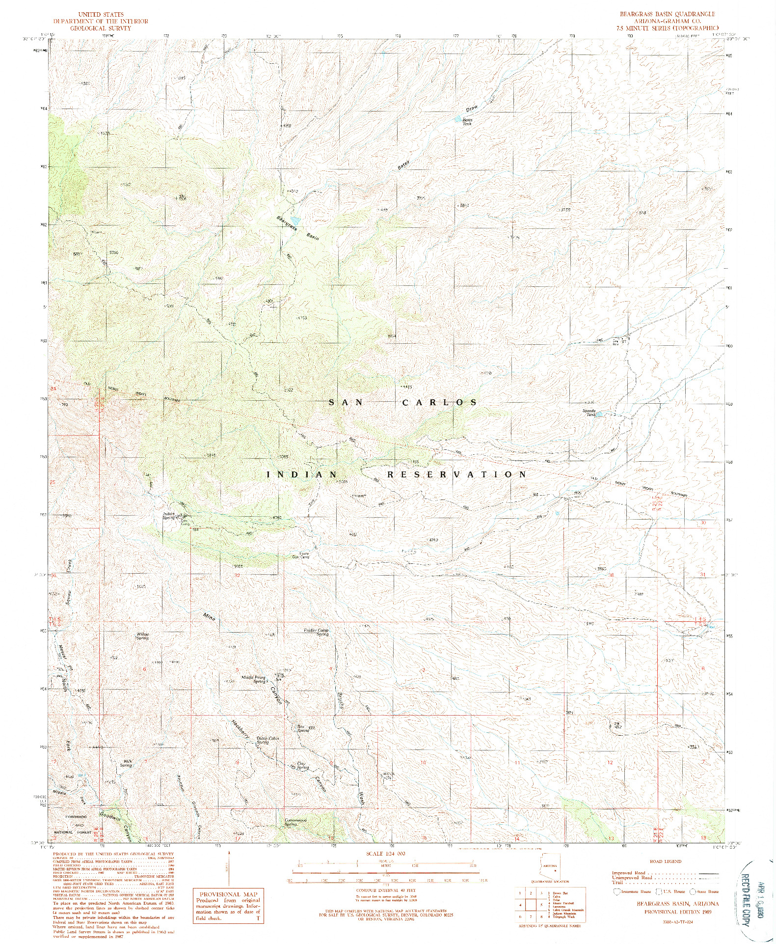 USGS 1:24000-SCALE QUADRANGLE FOR BEARGRASS BASIN, AZ 1989