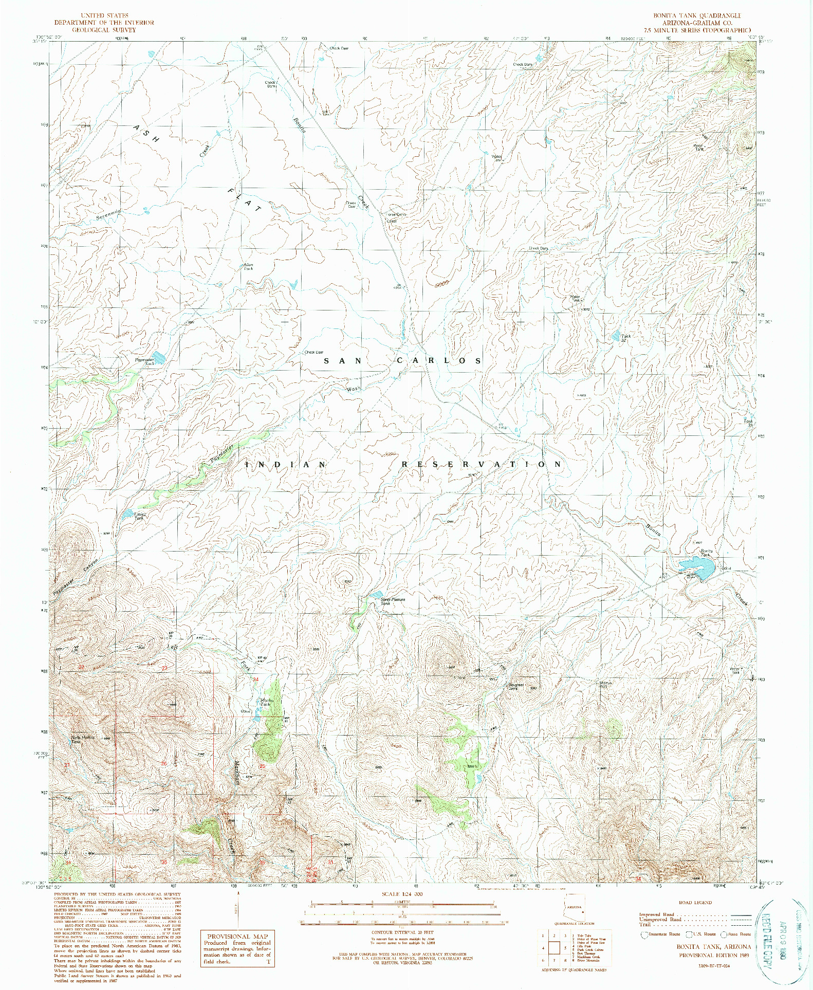 USGS 1:24000-SCALE QUADRANGLE FOR BONITA TANK, AZ 1989
