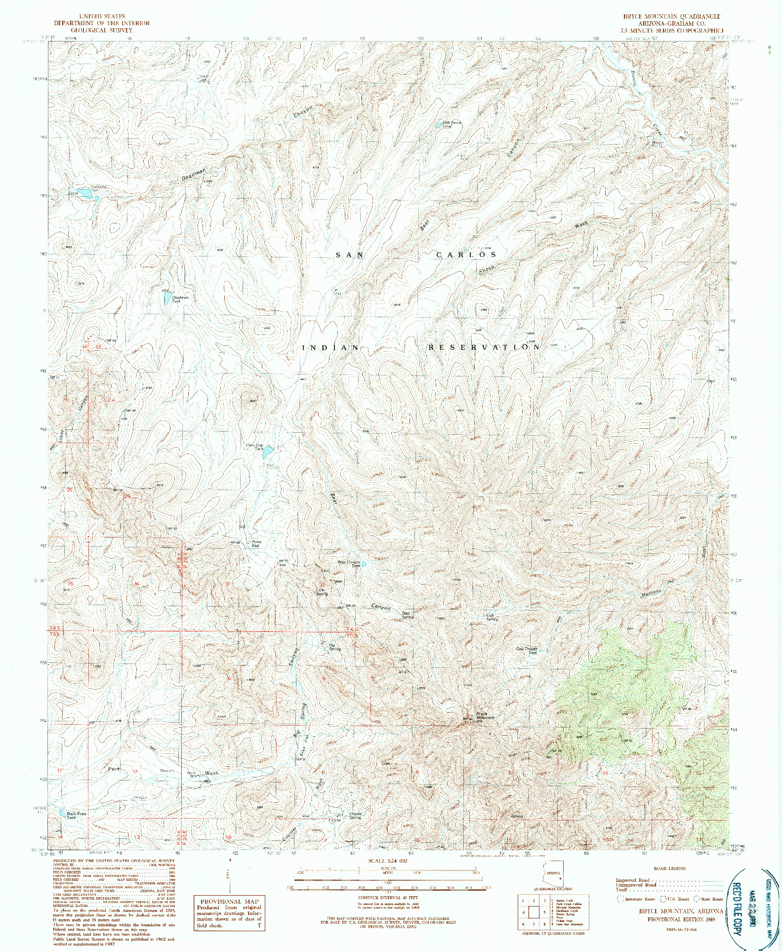 USGS 1:24000-SCALE QUADRANGLE FOR BRYCE MOUNTAIN, AZ 1989