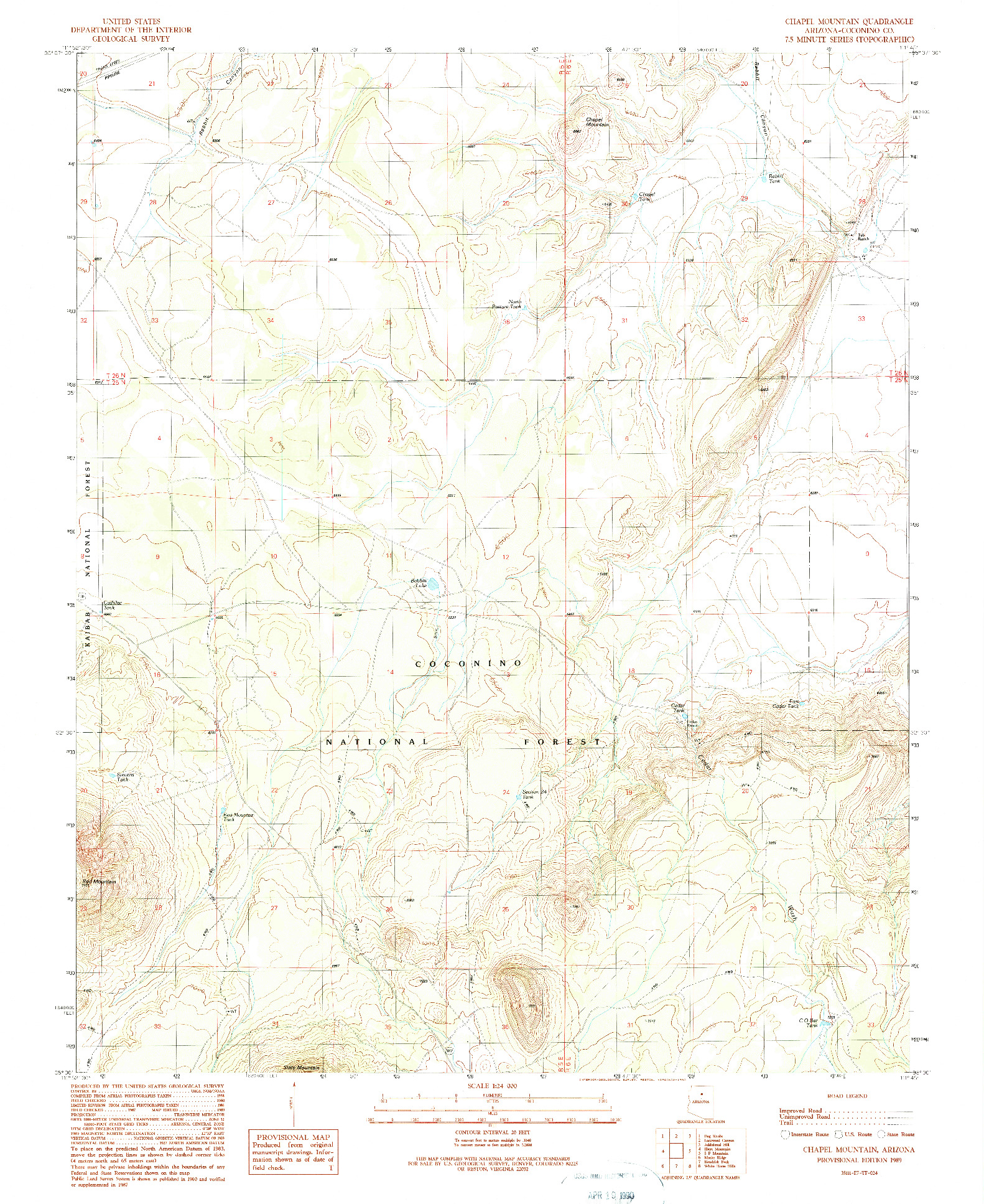 USGS 1:24000-SCALE QUADRANGLE FOR CHAPEL MOUNTAIN, AZ 1989