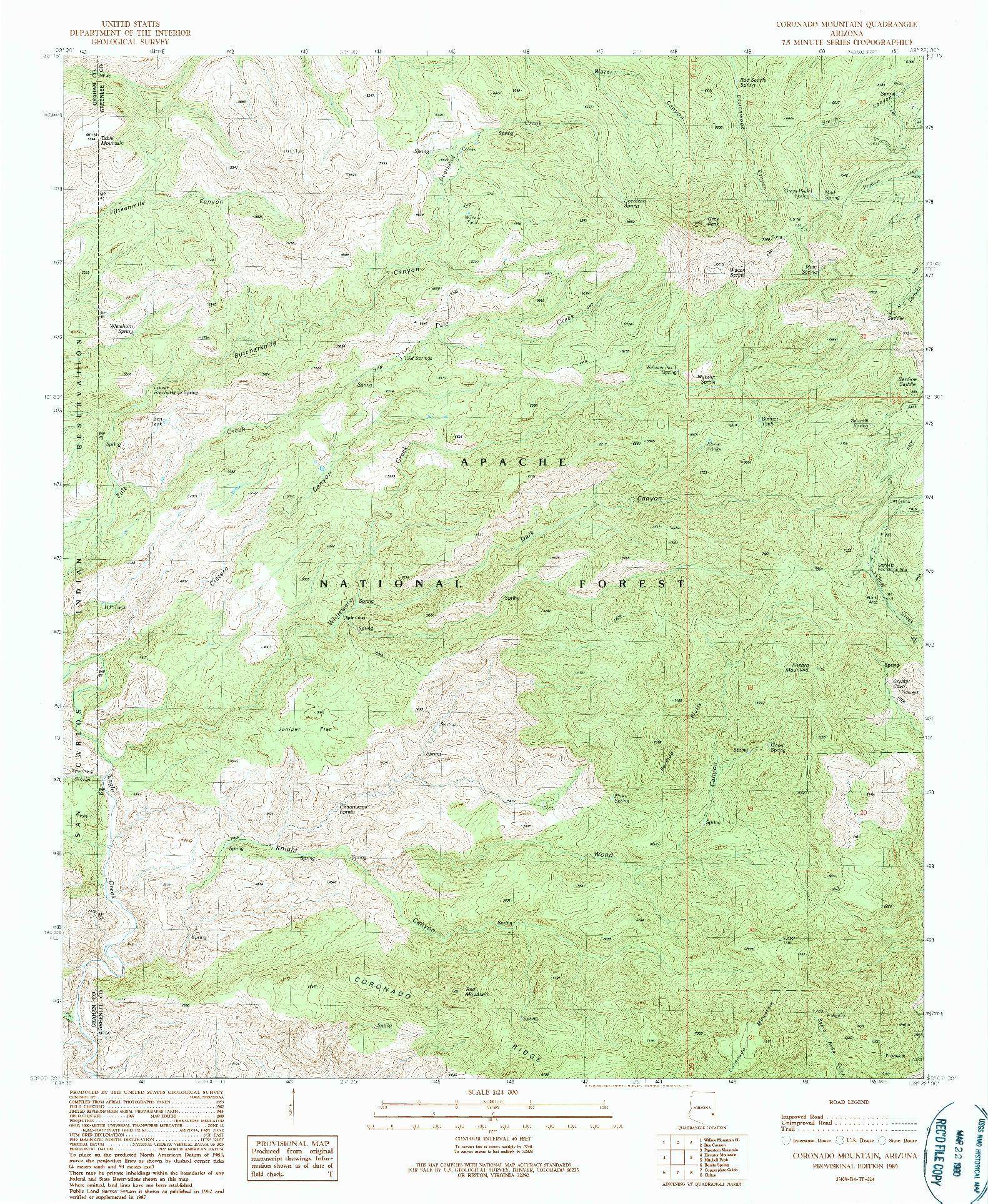 USGS 1:24000-SCALE QUADRANGLE FOR CORONADO MOUNTAIN, AZ 1989