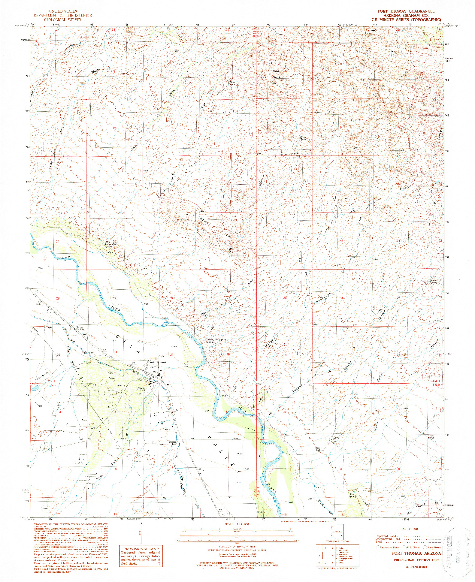 USGS 1:24000-SCALE QUADRANGLE FOR FORT THOMAS, AZ 1989