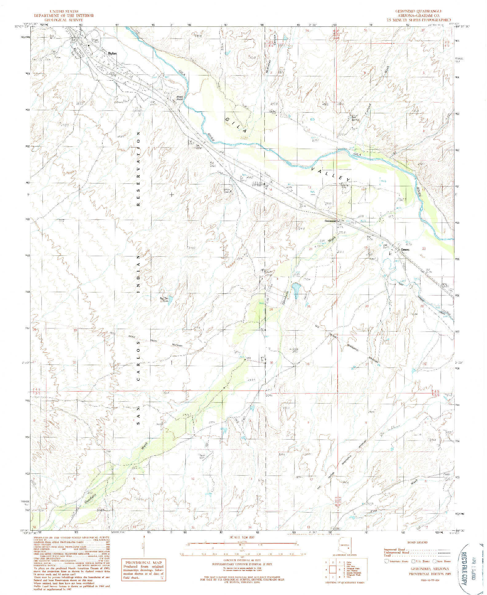 USGS 1:24000-SCALE QUADRANGLE FOR GERONIMO, AZ 1989