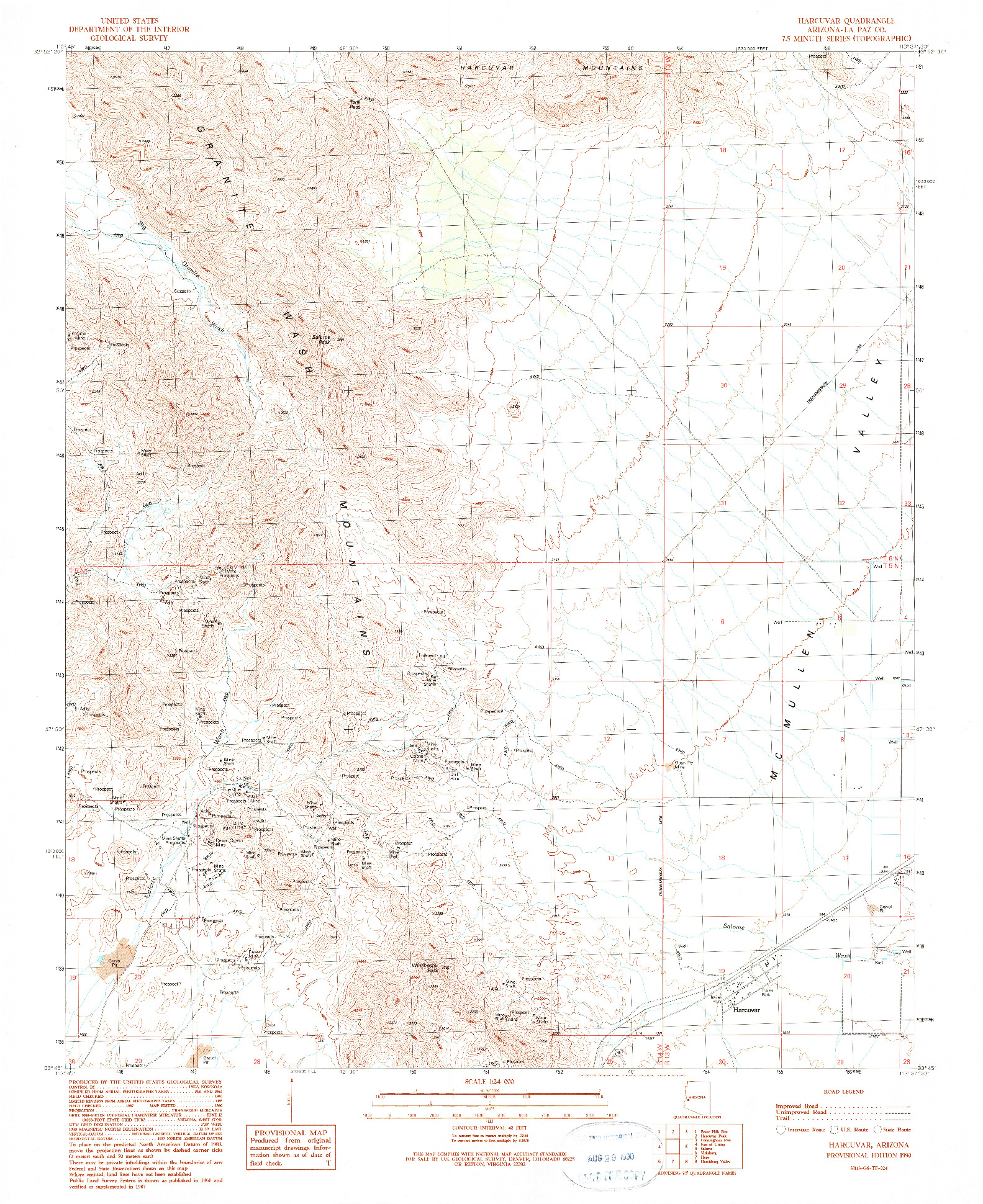 USGS 1:24000-SCALE QUADRANGLE FOR HARCUVAR, AZ 1990