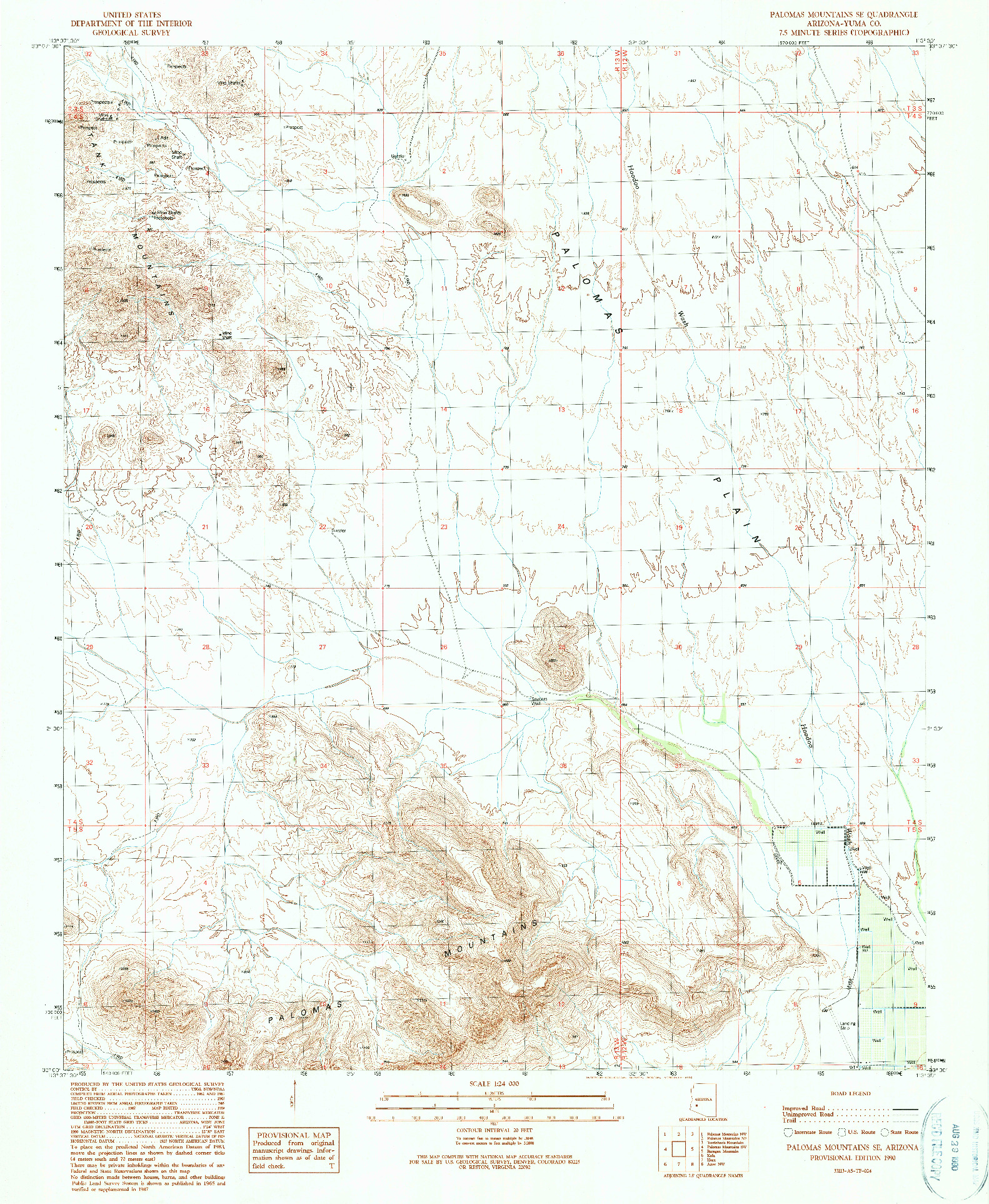 USGS 1:24000-SCALE QUADRANGLE FOR PALOMAS MOUNTAINS SE, AZ 1990