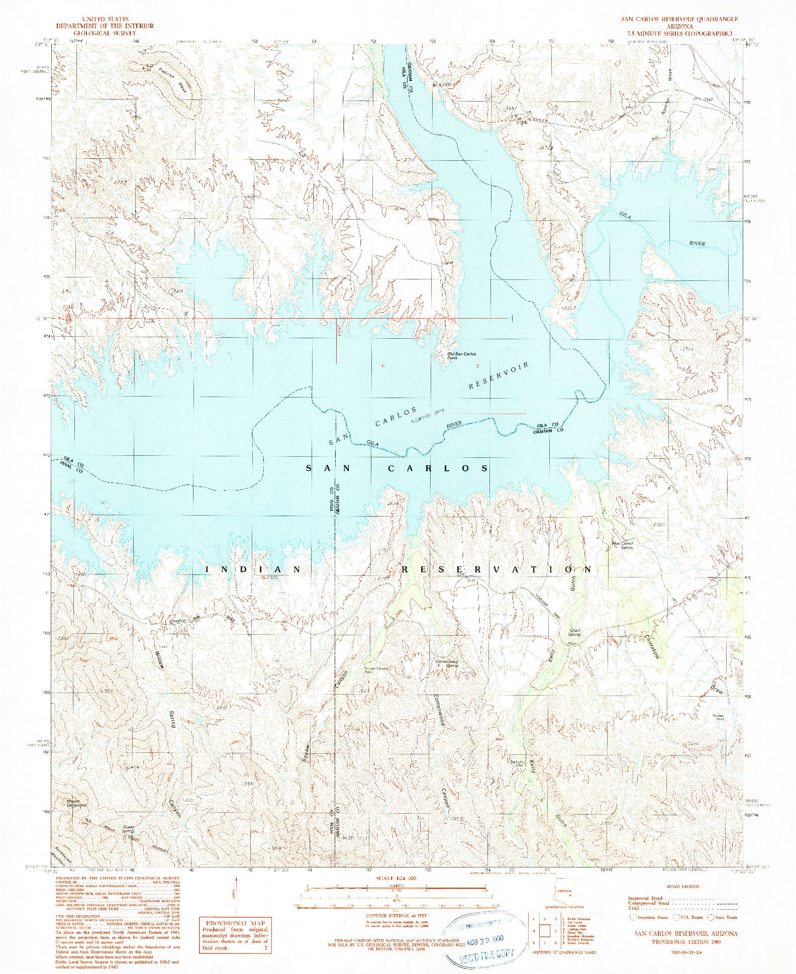 USGS 1:24000-SCALE QUADRANGLE FOR SAN CARLOS RESERVOIR, AZ 1989