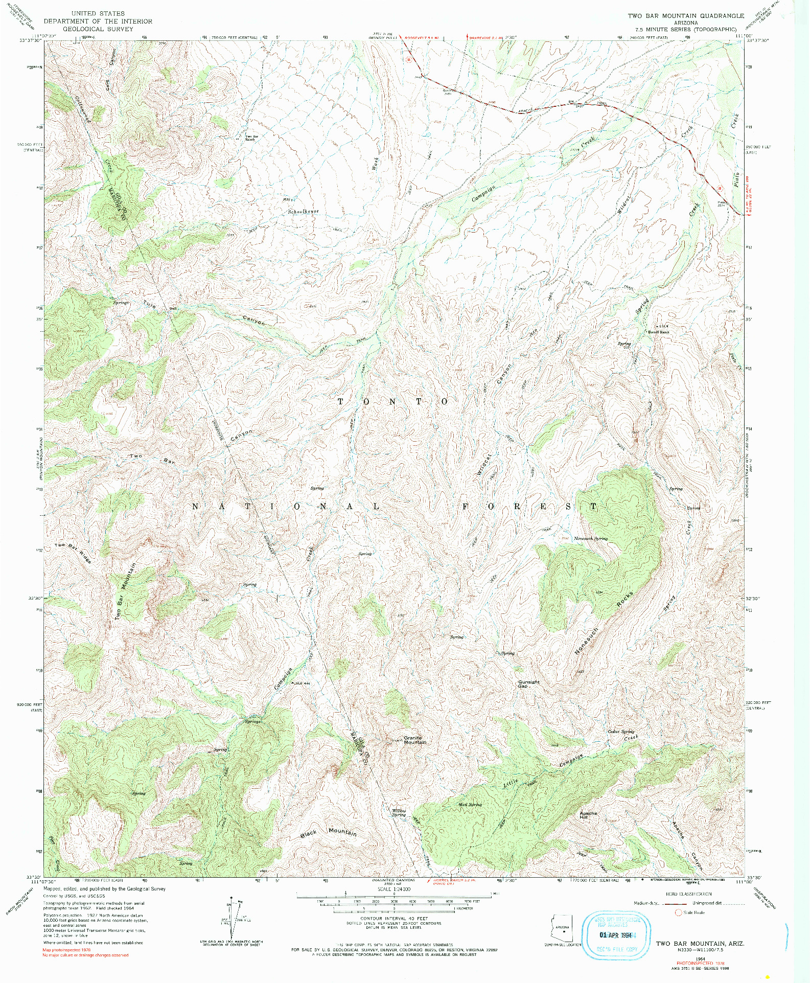 USGS 1:24000-SCALE QUADRANGLE FOR TWO BAR MOUNTAIN, AZ 1964