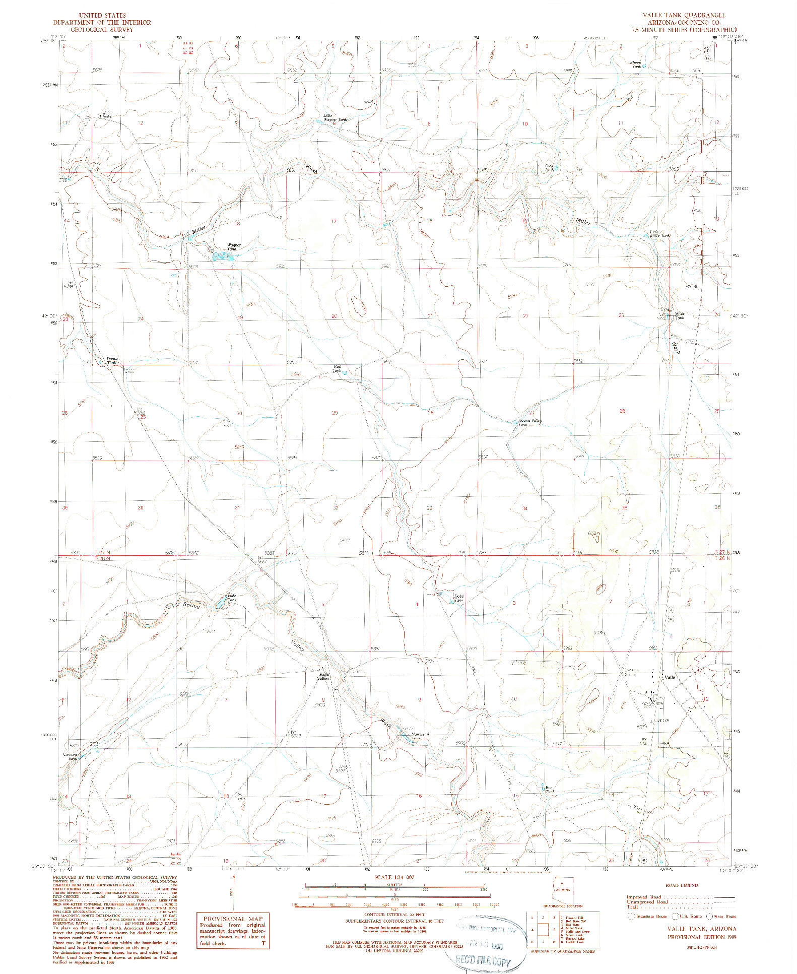 USGS 1:24000-SCALE QUADRANGLE FOR VALLE TANK, AZ 1989
