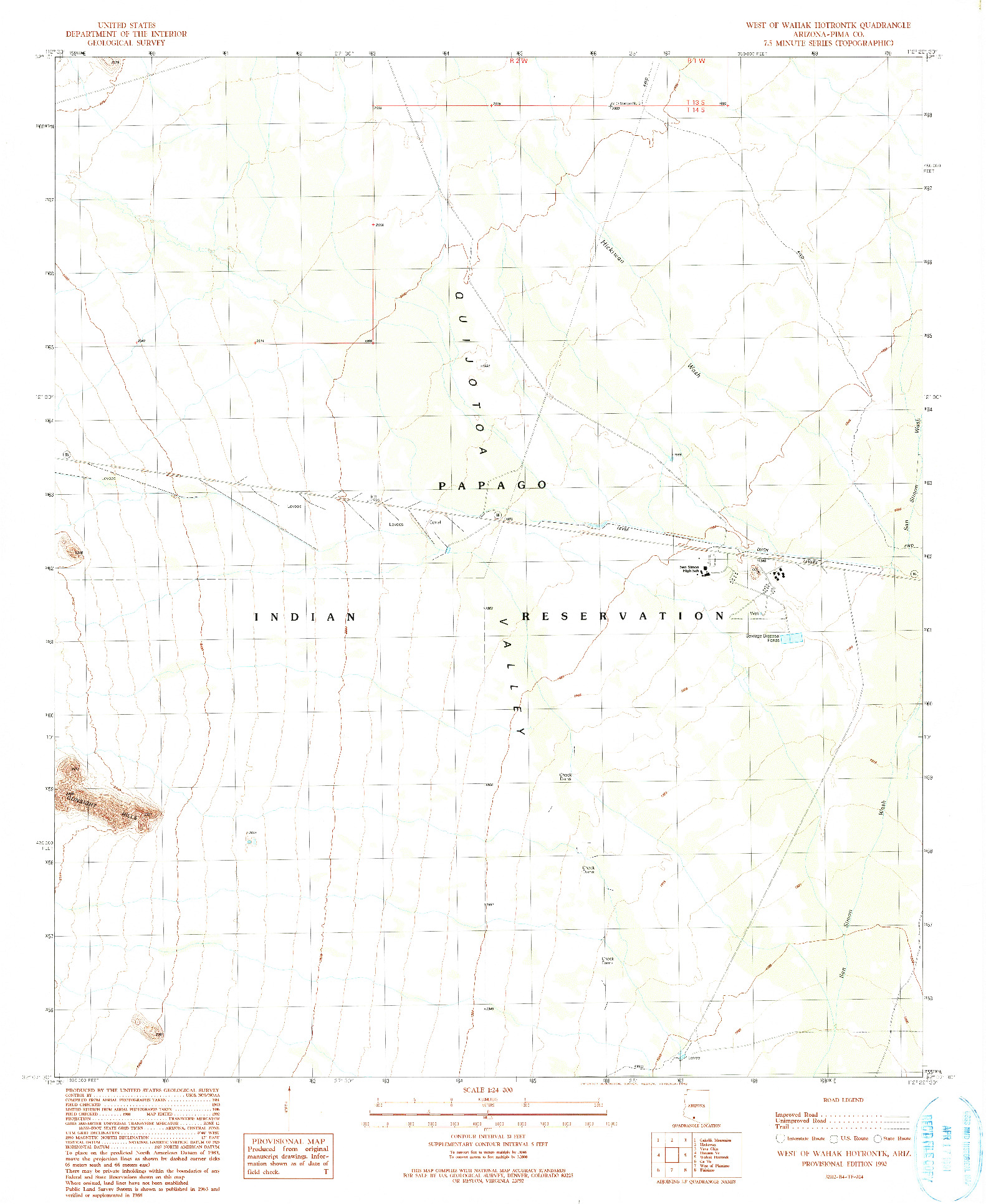 USGS 1:24000-SCALE QUADRANGLE FOR WEST OF WAHAK HOTRONTK, AZ 1990
