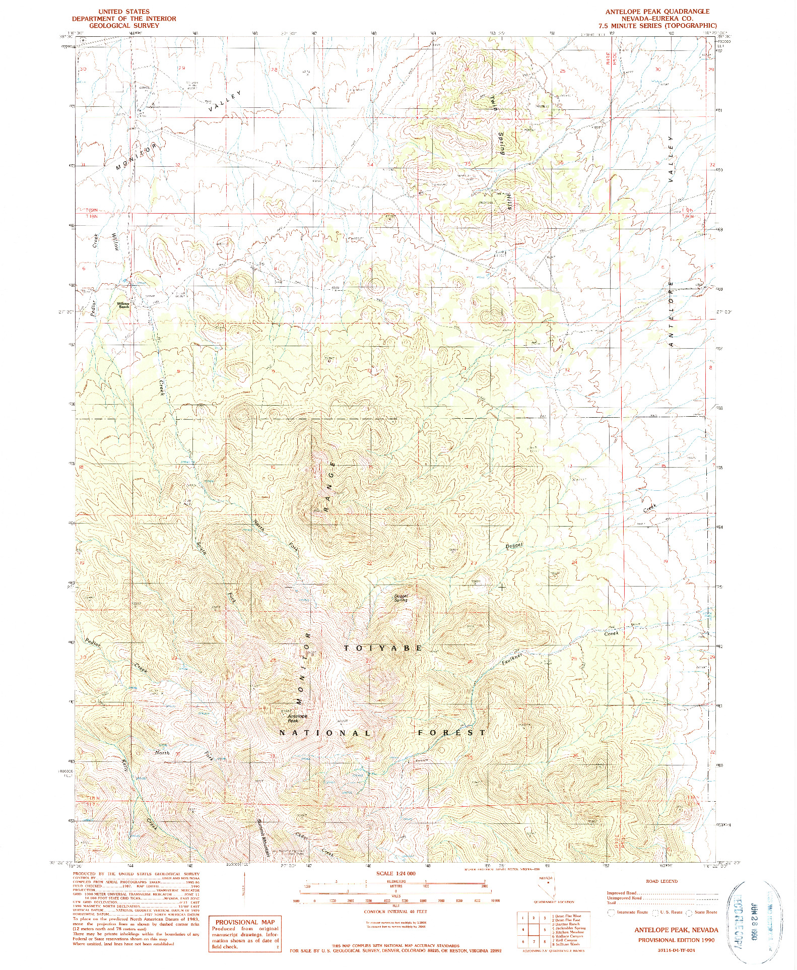 USGS 1:24000-SCALE QUADRANGLE FOR ANTELOPE PEAK, NV 1990