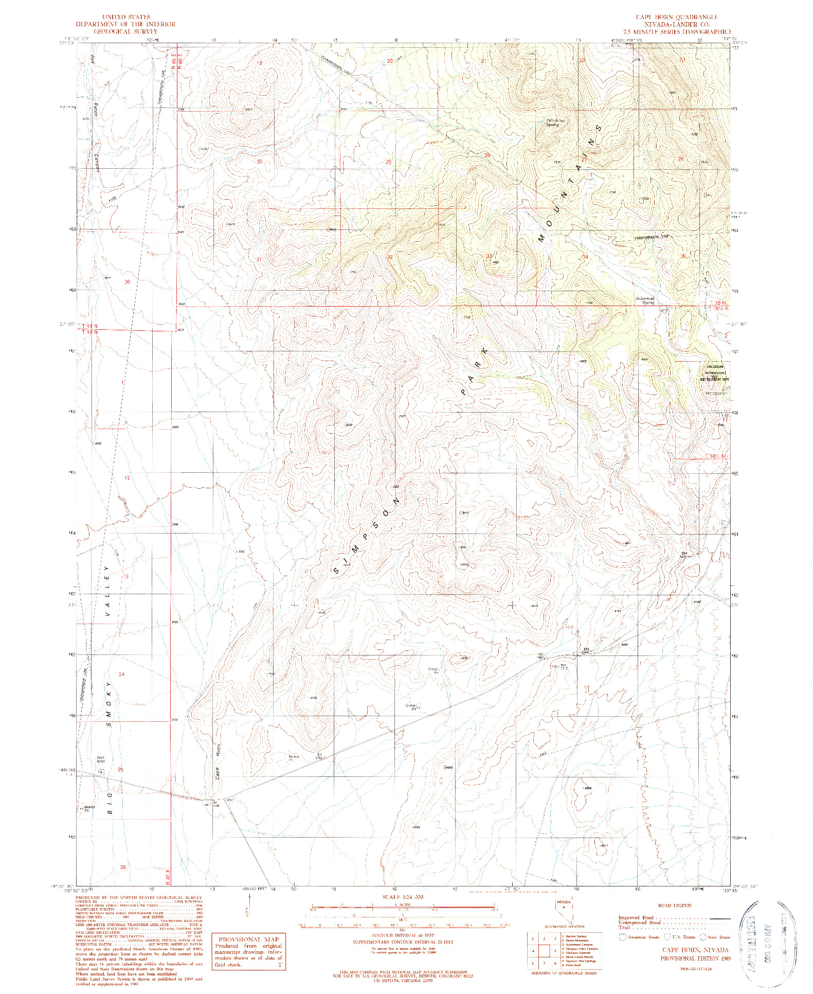 USGS 1:24000-SCALE QUADRANGLE FOR CAPE HORN, NV 1989