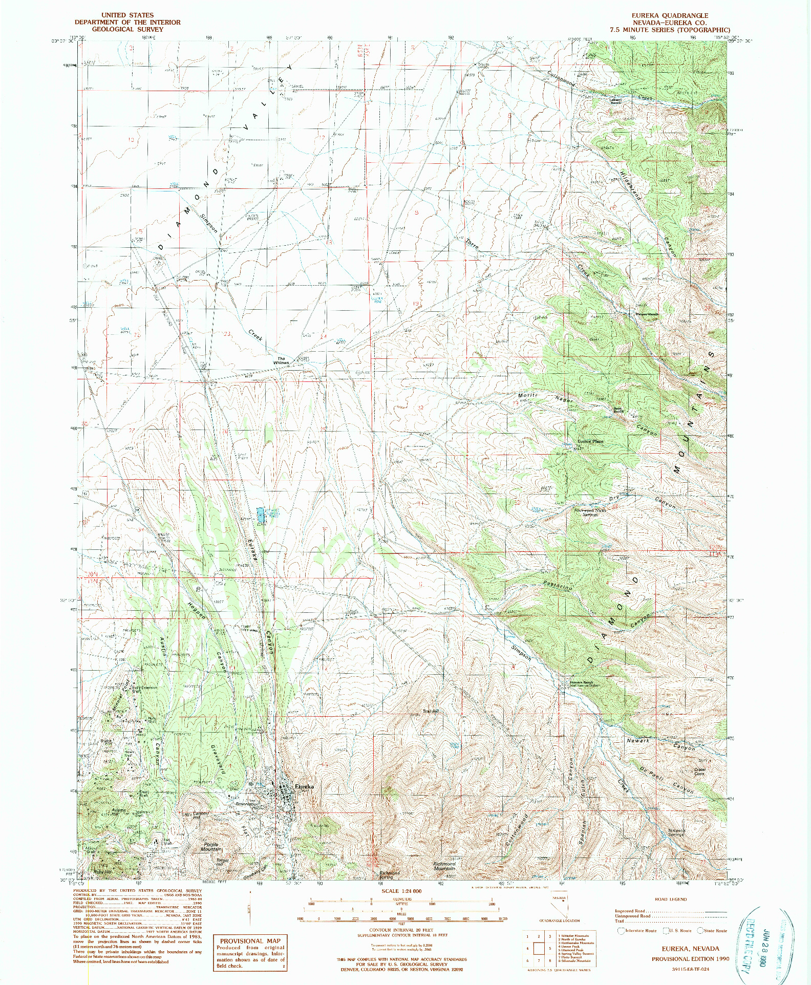 USGS 1:24000-SCALE QUADRANGLE FOR EUREKA, NV 1990