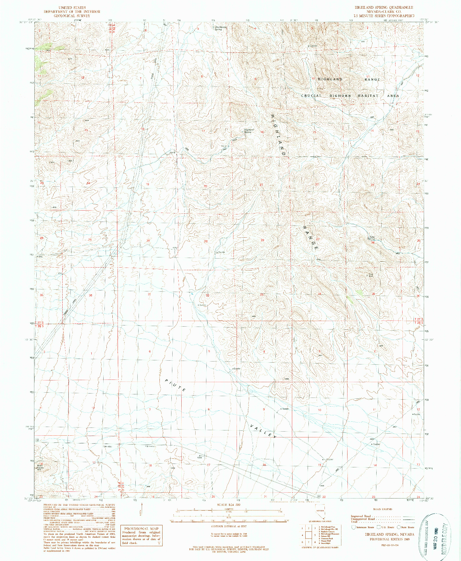 USGS 1:24000-SCALE QUADRANGLE FOR HIGHLAND SPRING, NV 1989
