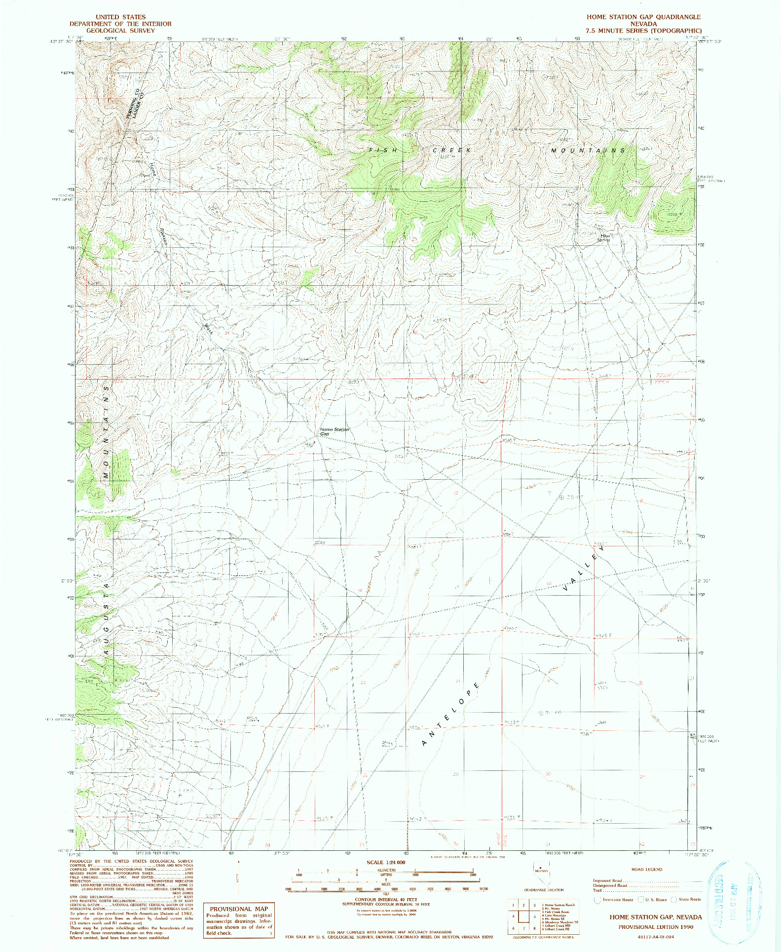 USGS 1:24000-SCALE QUADRANGLE FOR HOME STATION GAP, NV 1990