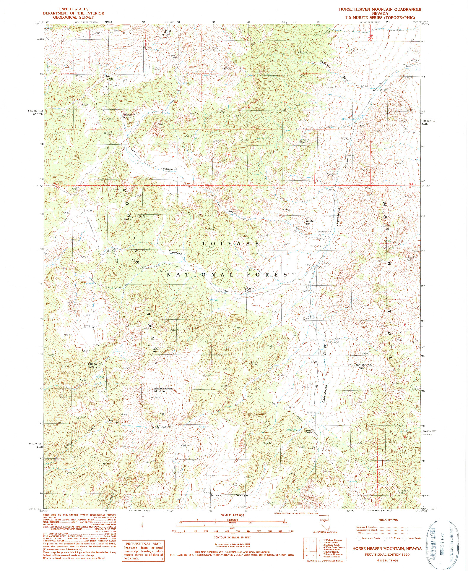 USGS 1:24000-SCALE QUADRANGLE FOR HORSE HEAVEN MOUNTAIN, NV 1990