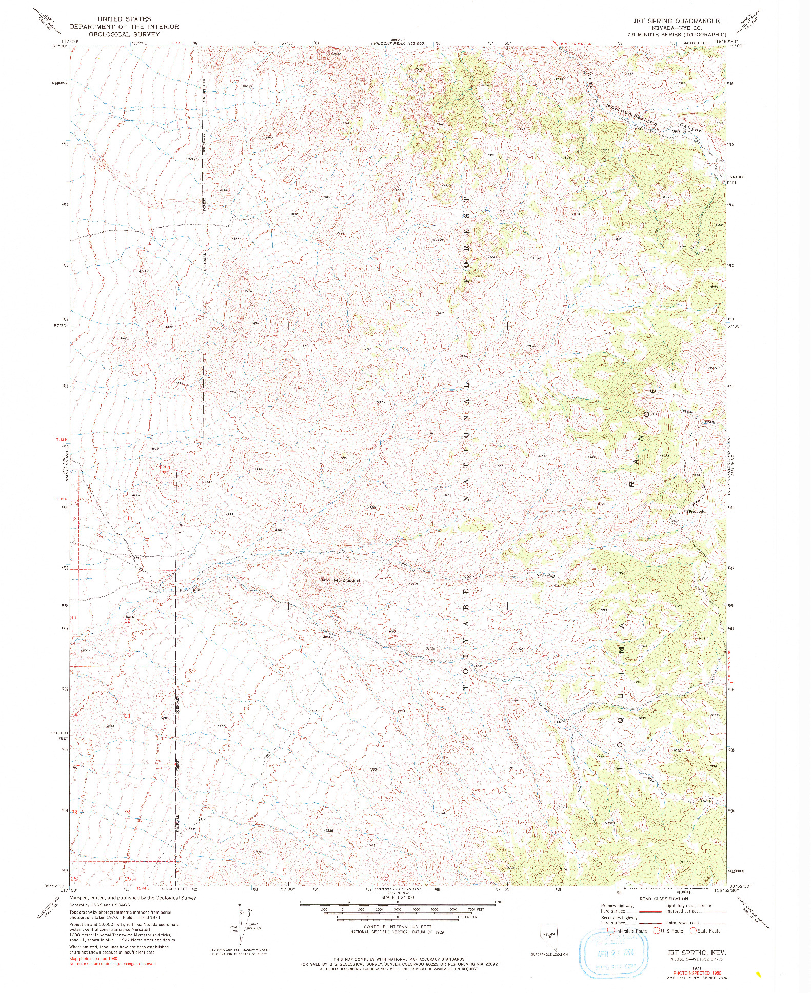 USGS 1:24000-SCALE QUADRANGLE FOR JET SPRING, NV 1971